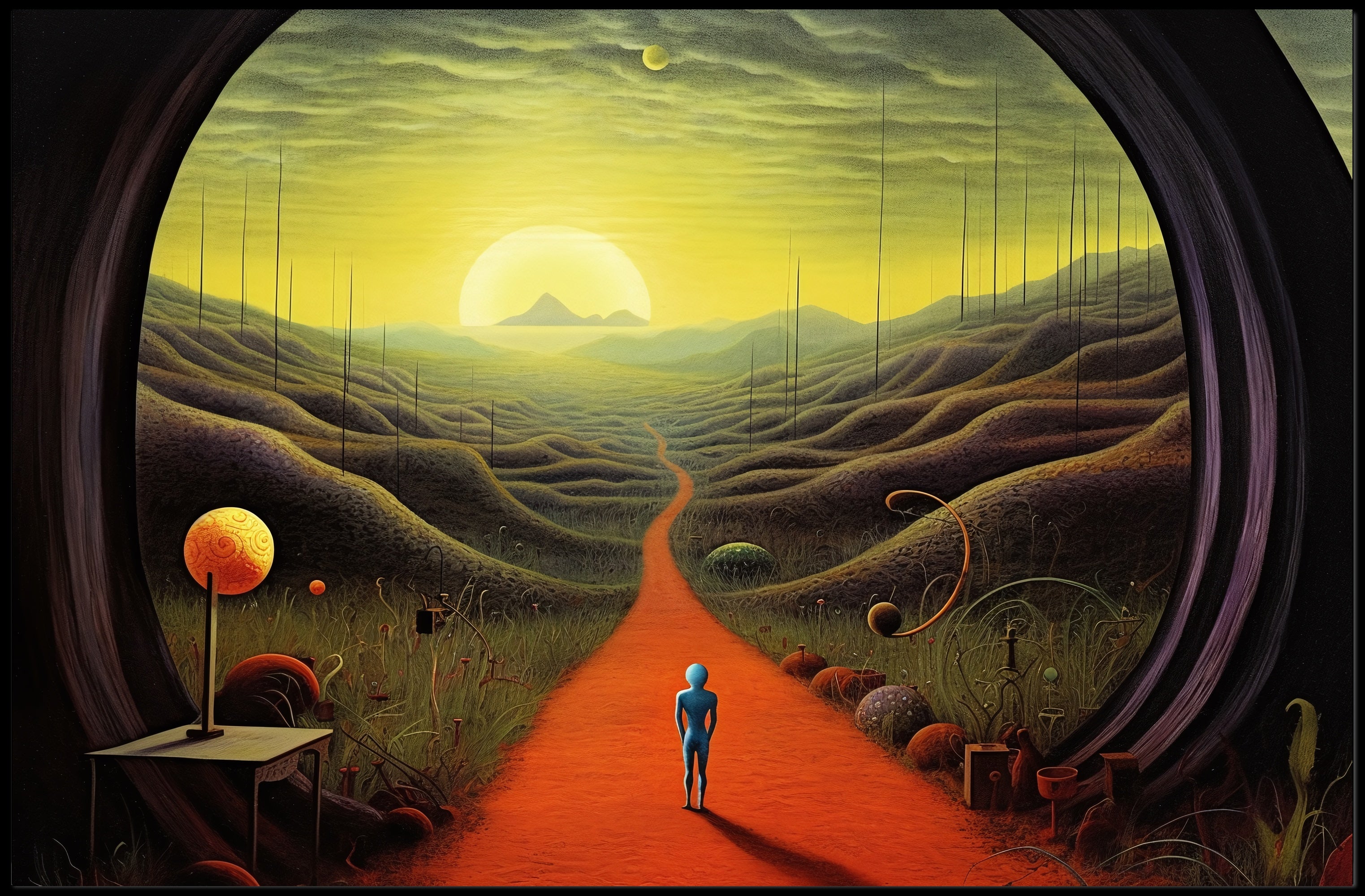Surreal Explorer Landscape Portal: Futuristic Sci-Fi Poster