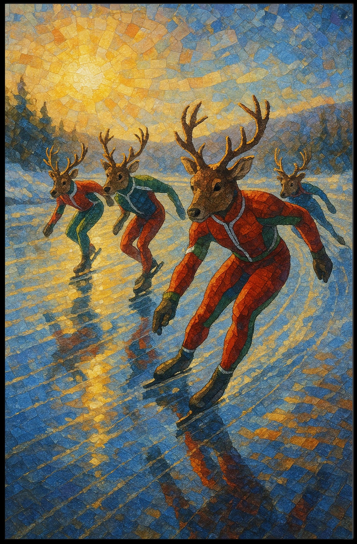 Whimsical Reindeer Ice Skating Artistic Poster