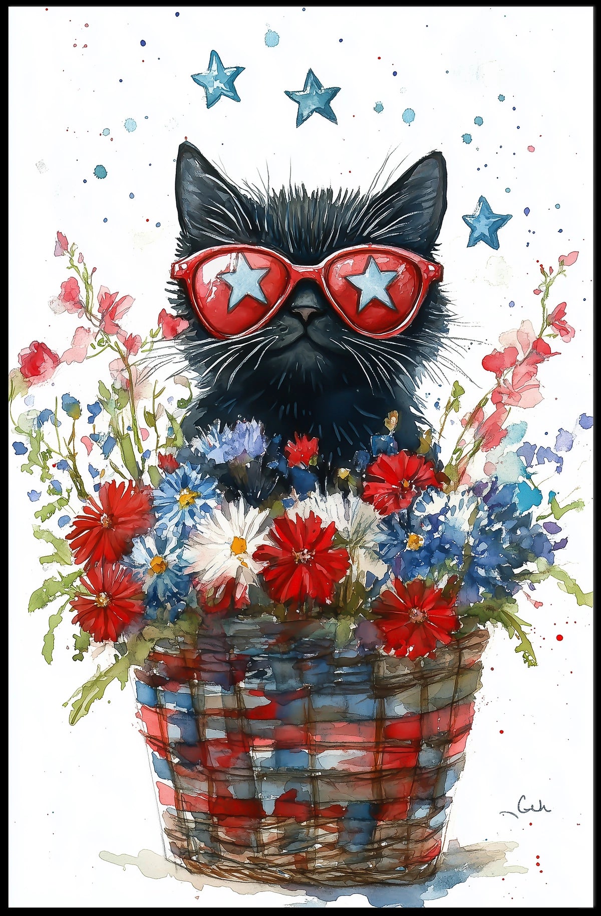 Black Cat With Star Sunglasses In Floral Basket Poster