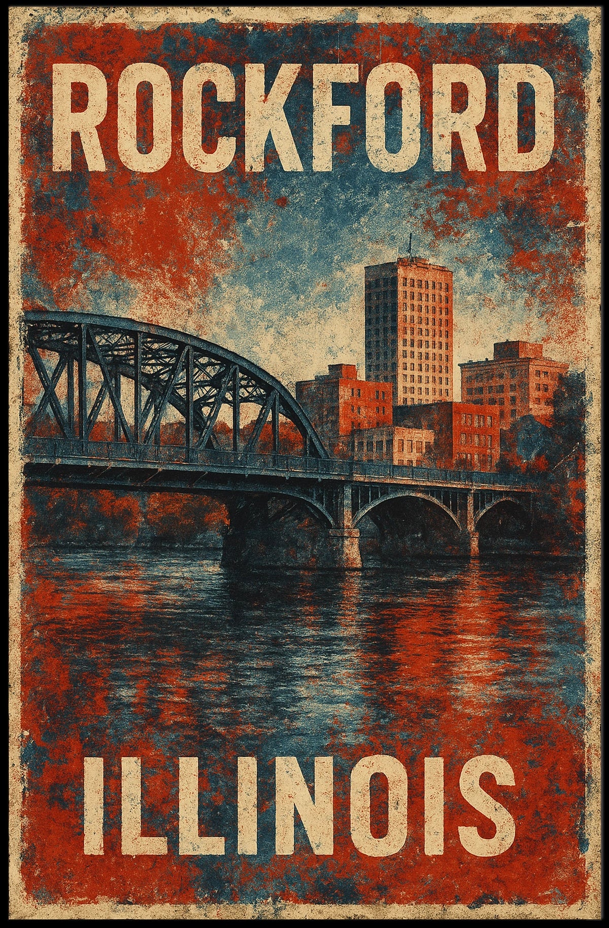 Rockford Illinois Retro Bridge Cityscape Collectors Poster
