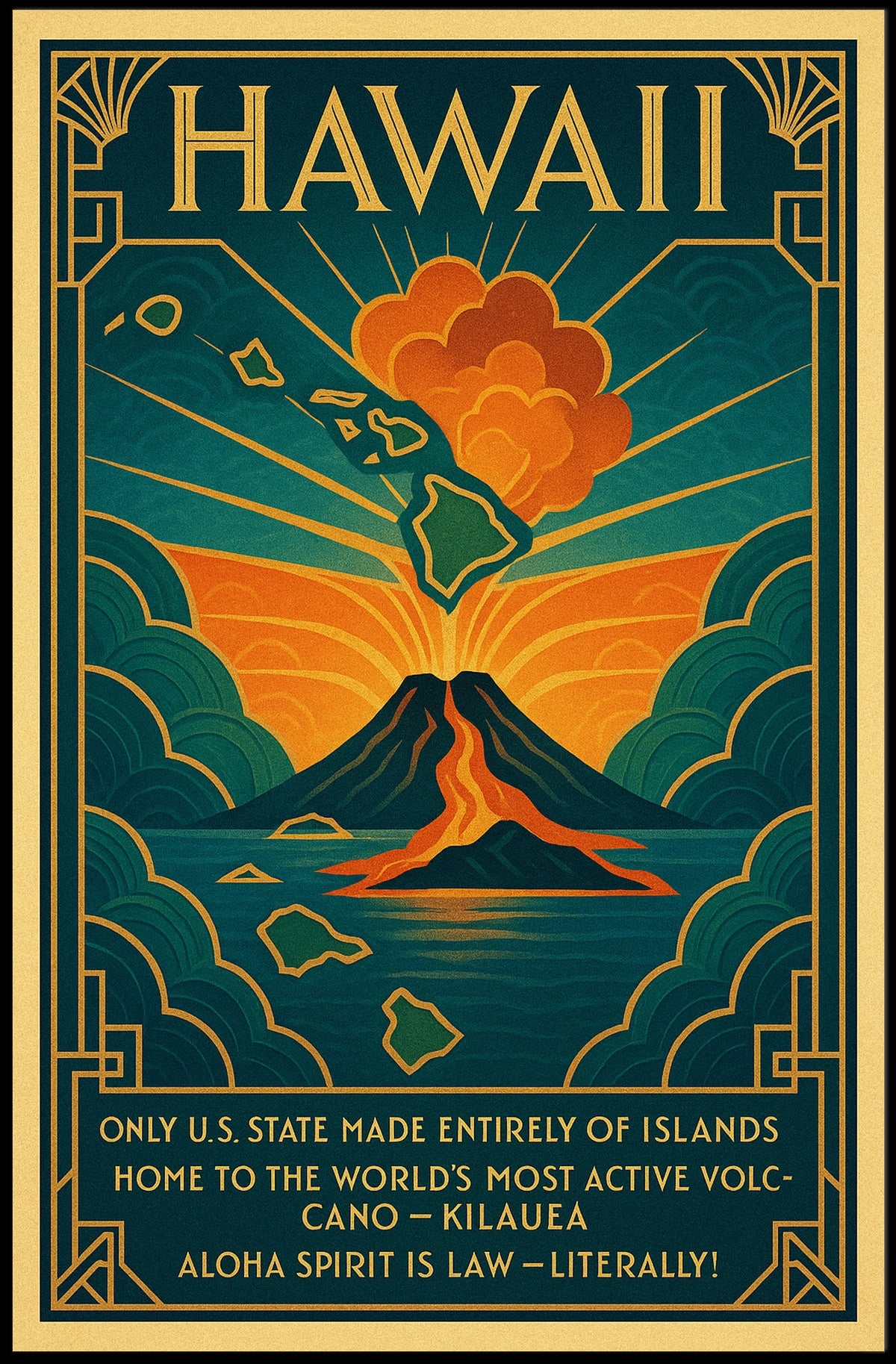 Hawaii Volcano Vintage Travel Poster Art Deco Style