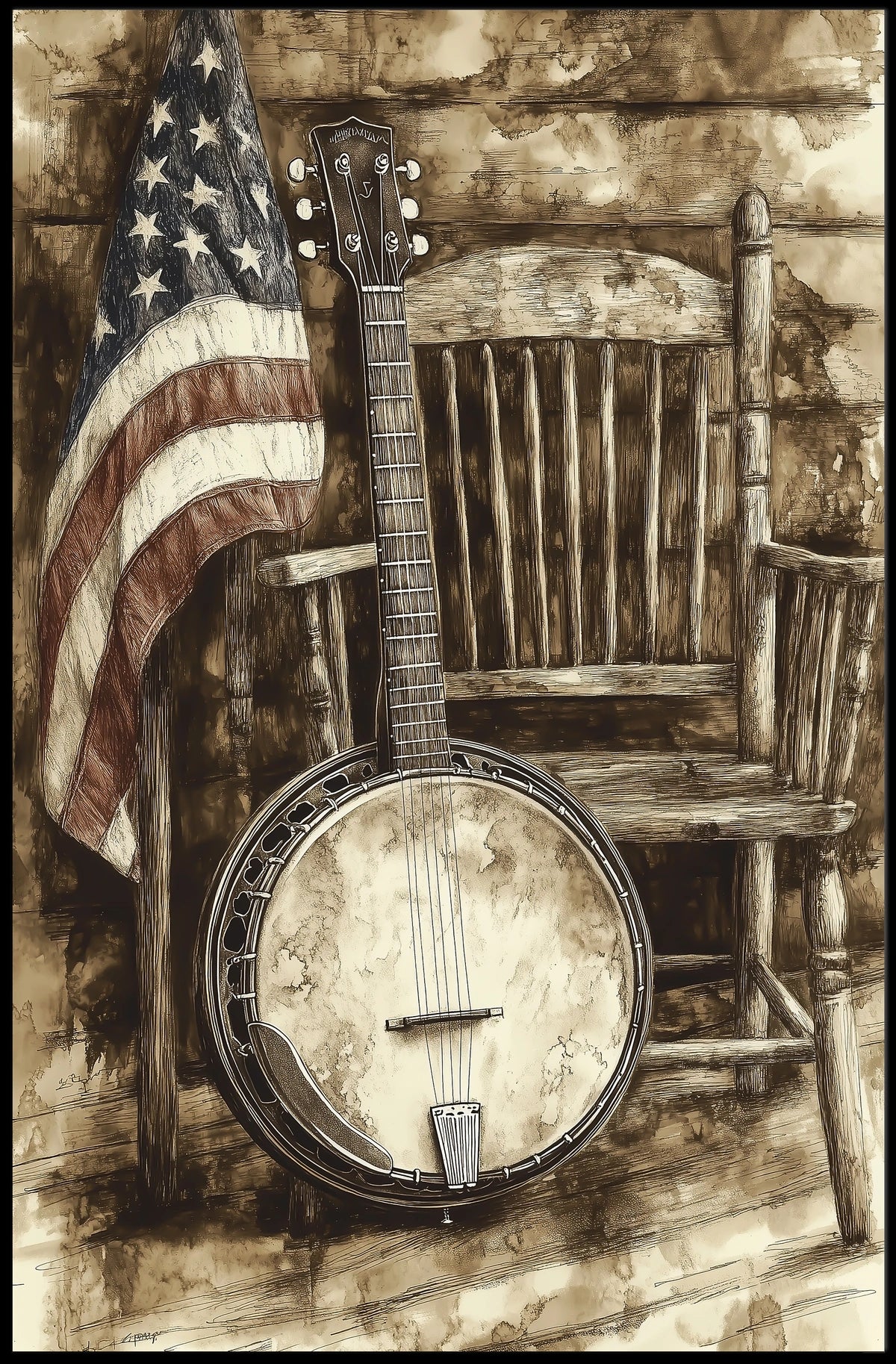 Vintage Rustic Classic Banjo Americana Wall Art Poster