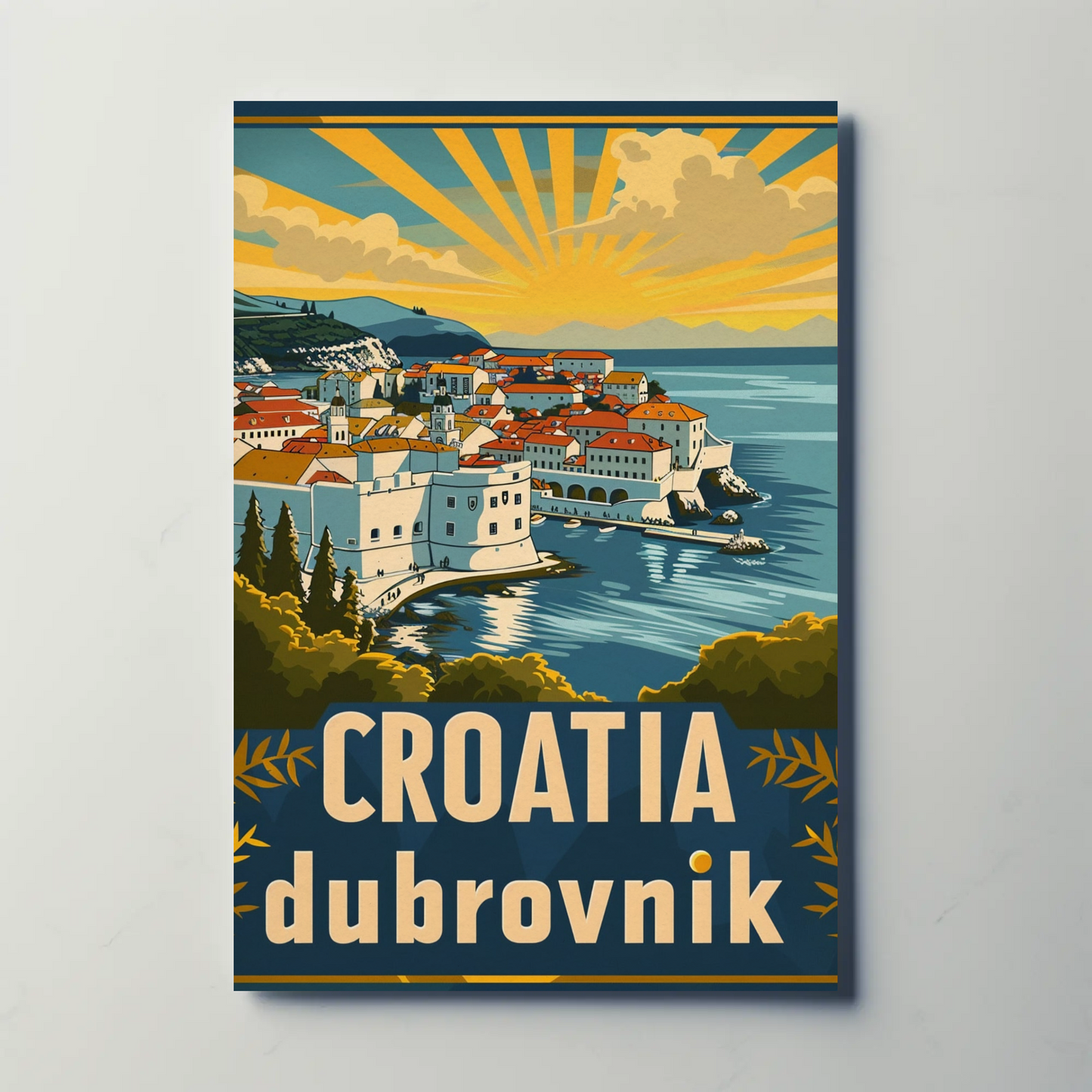 Croatia Dubrovnik Sunset Coastline Vintage Travel Poster