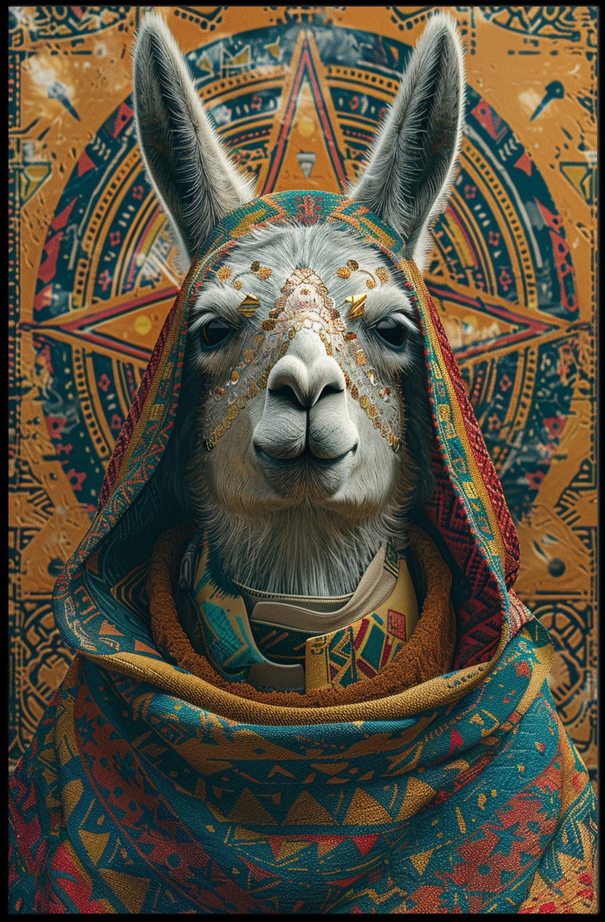 Celebratory Llama Art in Cultural or Heritage Poster PosterGoat