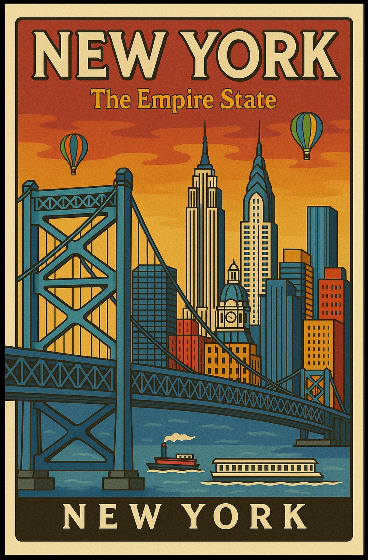 New York City Poster Retro Cityscape Travel Wall Art