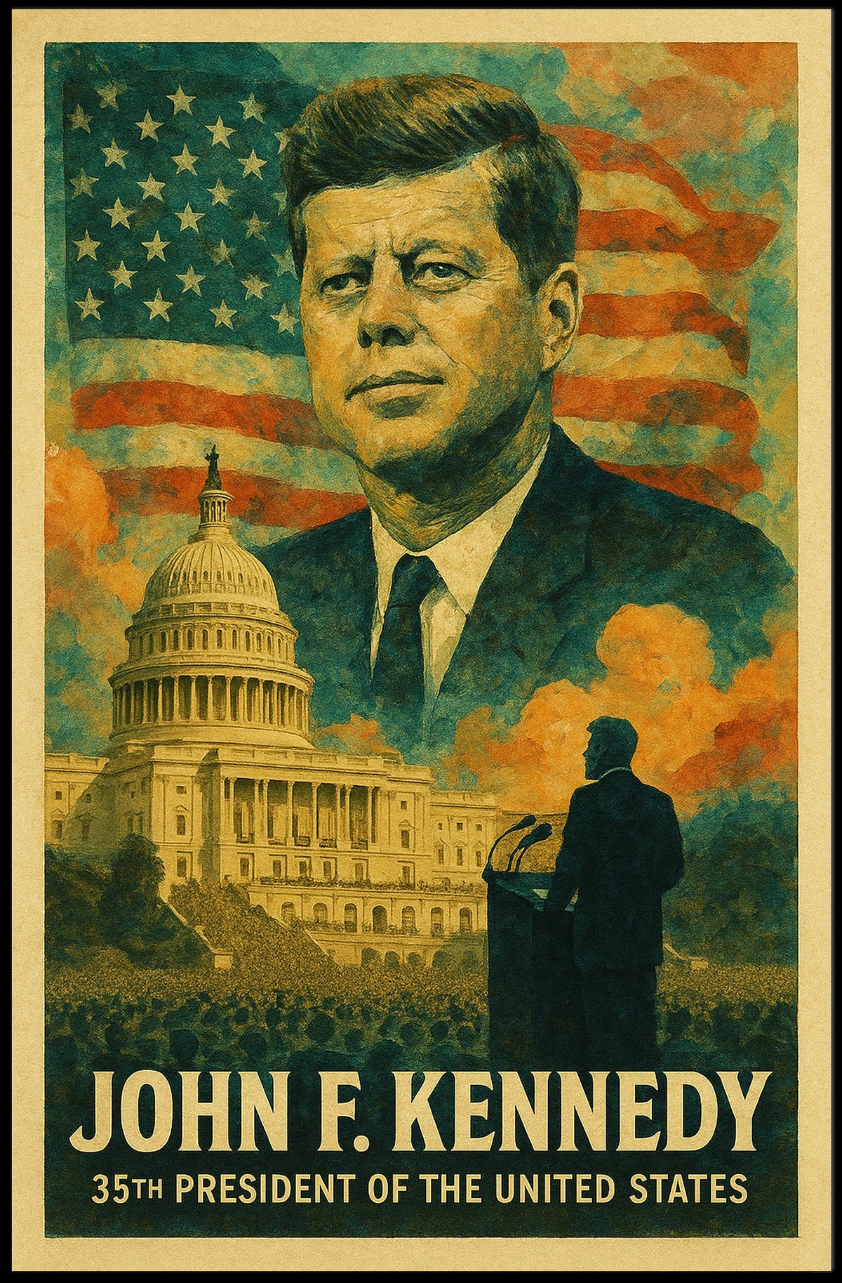 John F. Kennedy 35th President of the United States Layered Digital Collage Poster