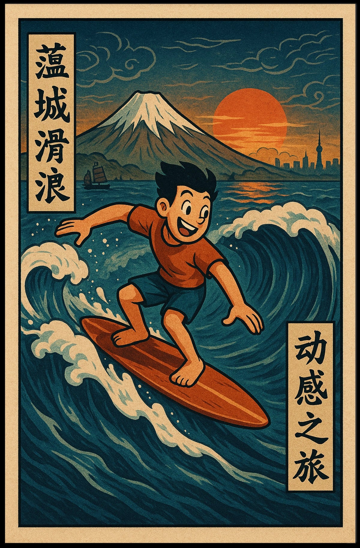 Surfing Adventure at Mount Fuji Poster