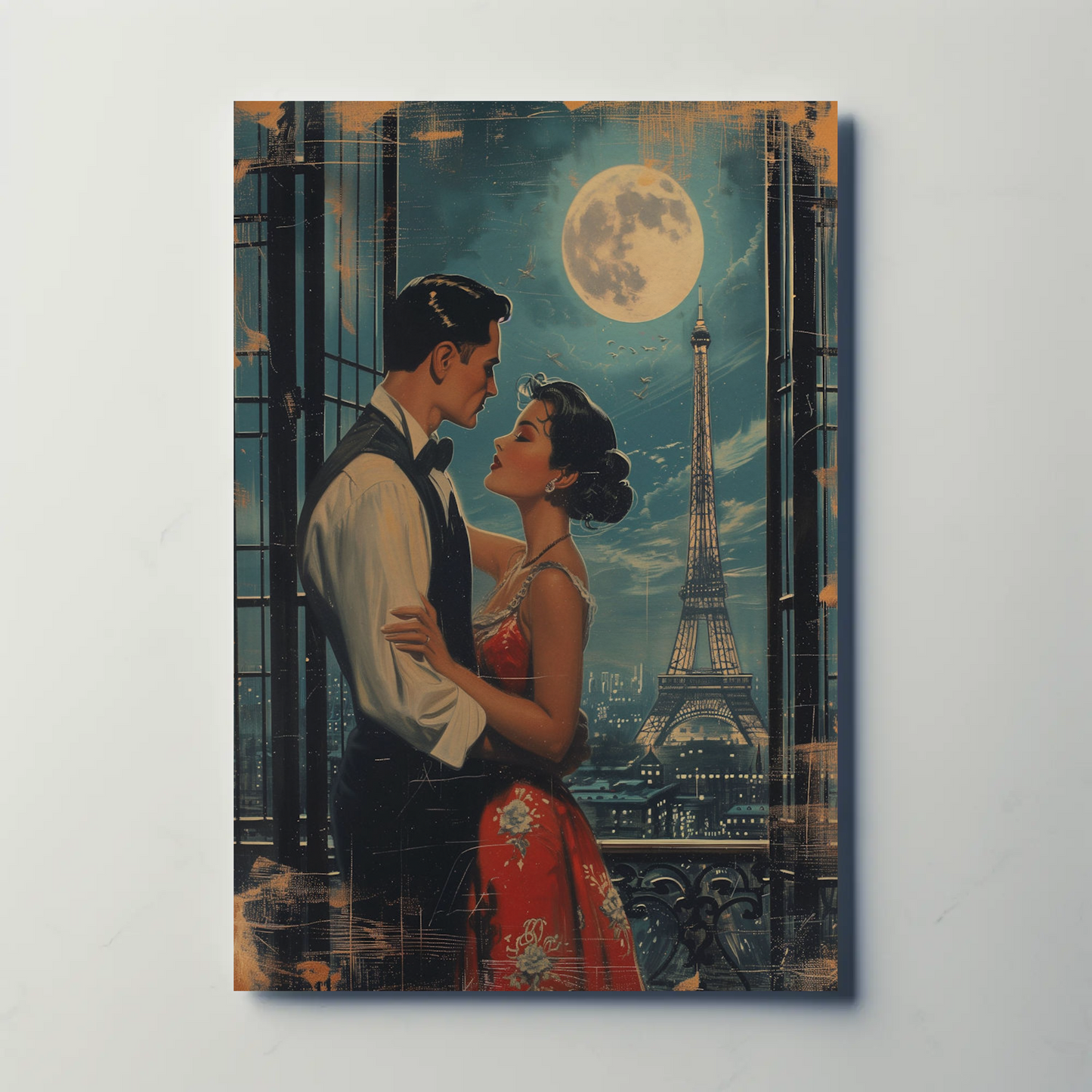 Romantic Couple Eiffel Tower Paris Moonlight Vintage Travel Poster
