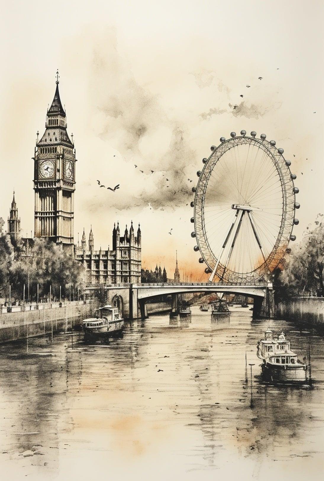 London River Thames Landmarks Travel Poster