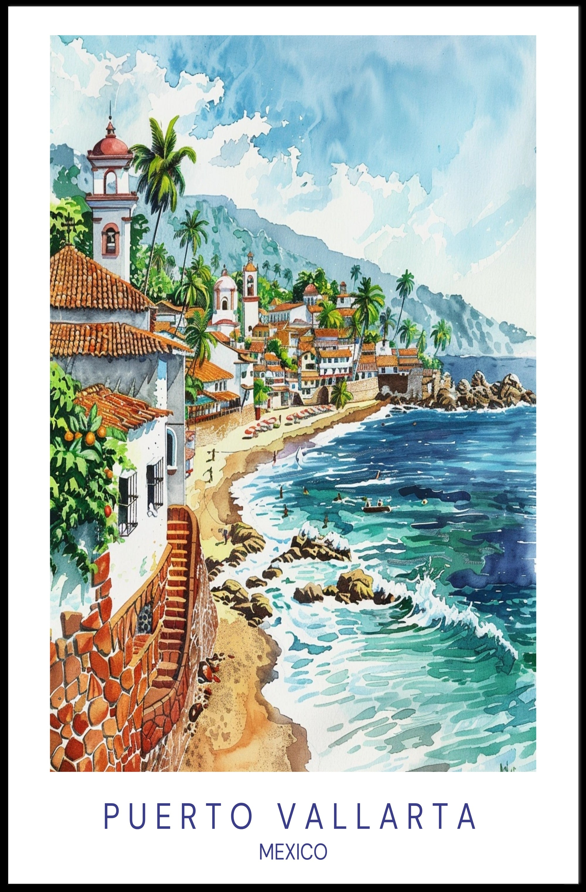 Puerto Vallarta Scenic Watercolor Travel Poster