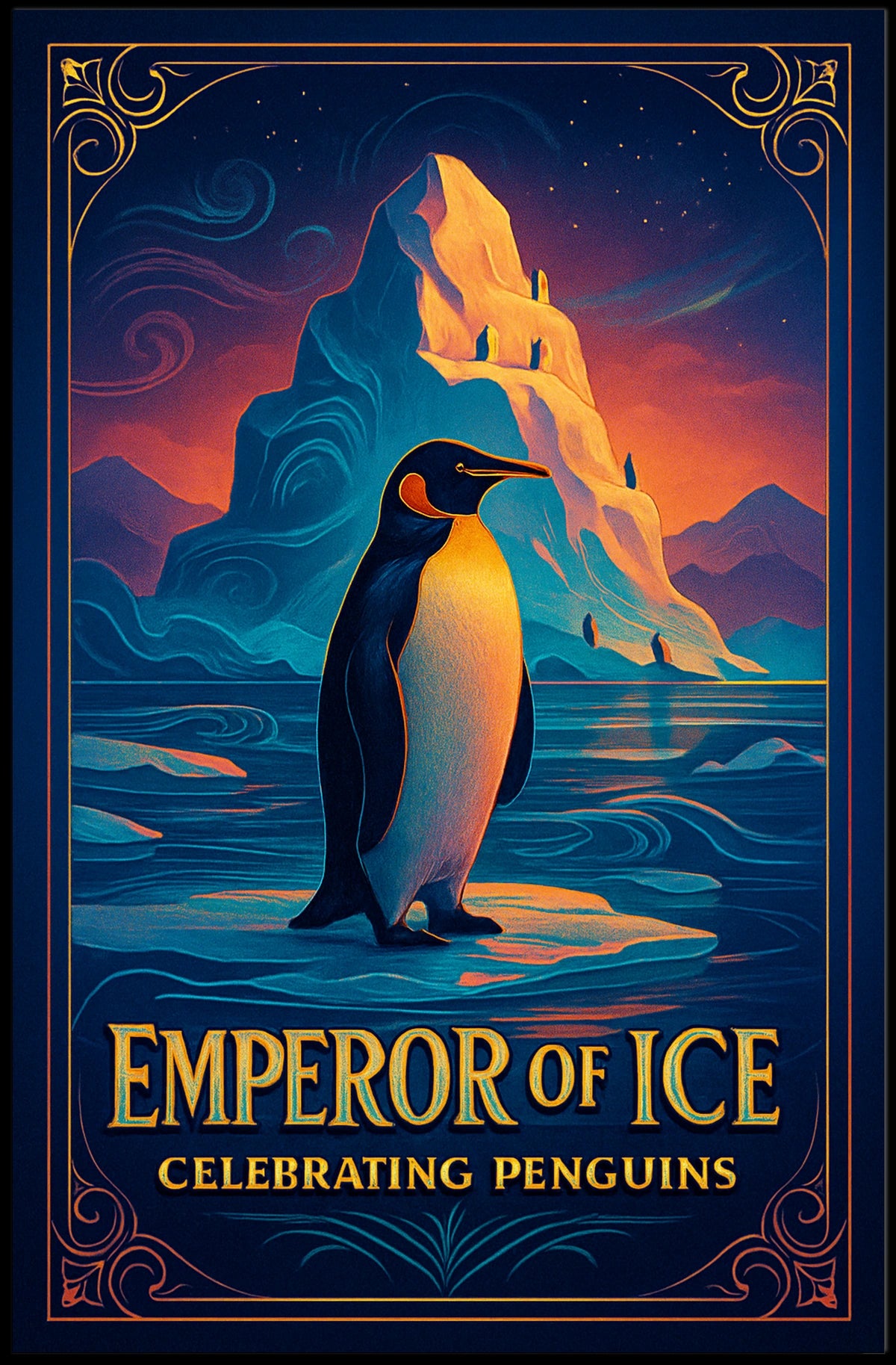 Emperor Penguin Vintage Style Icy Landscape Elegant Design Poster