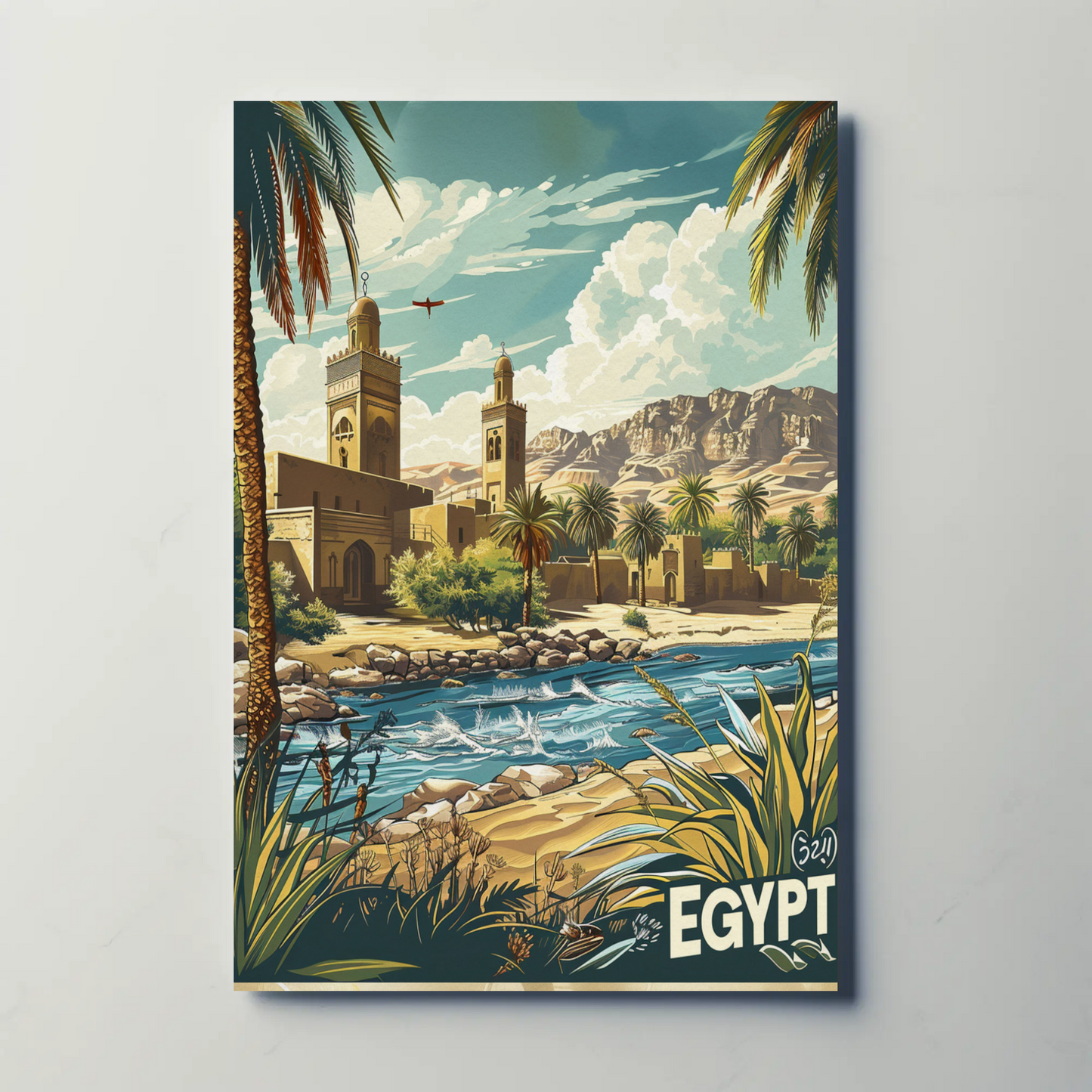 Egypt Desert Mosque and River Travel Poster