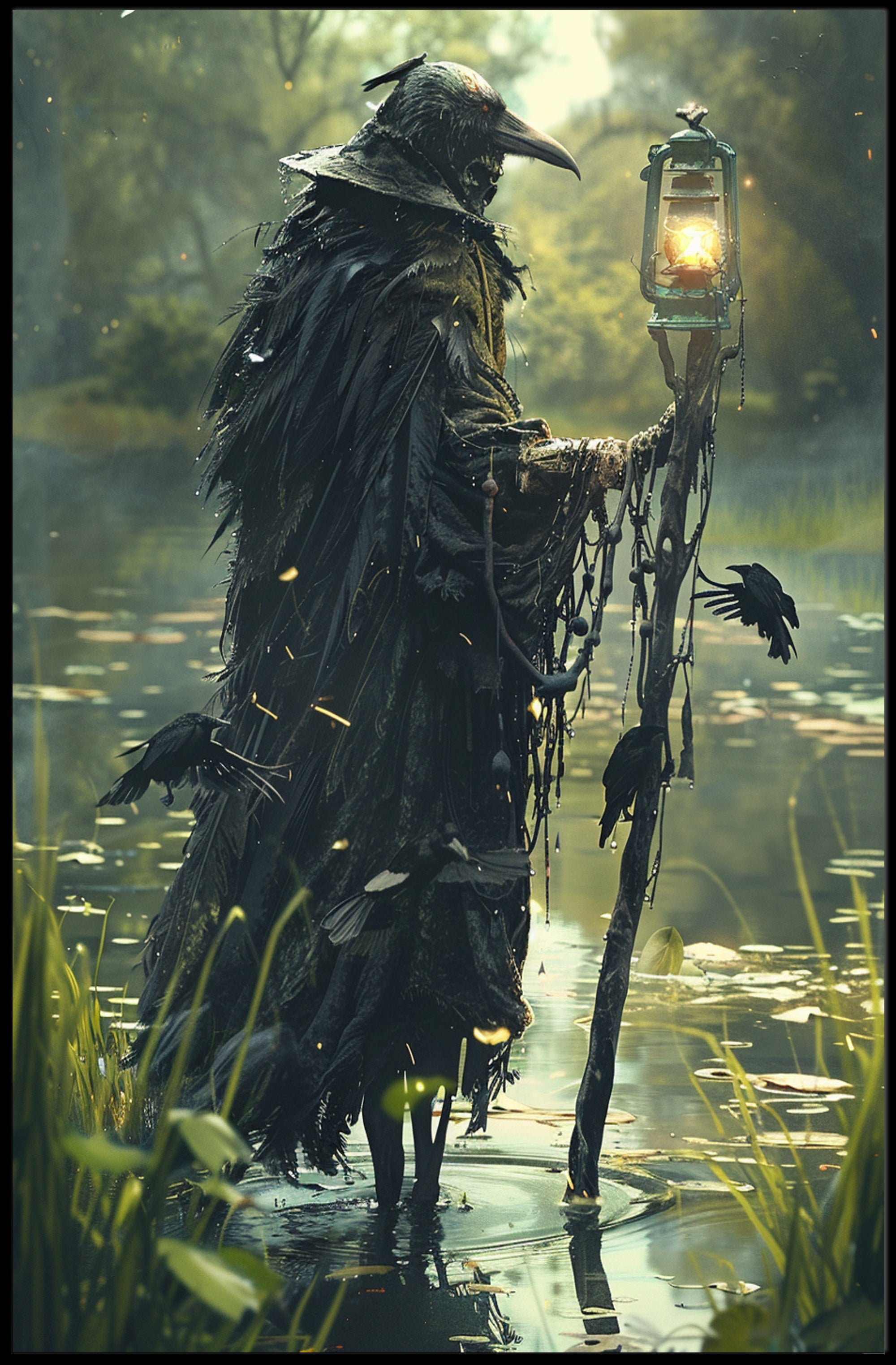 Ethereal Bird Creature in Mysterious Wetland Fantasy Poster PosterGoat