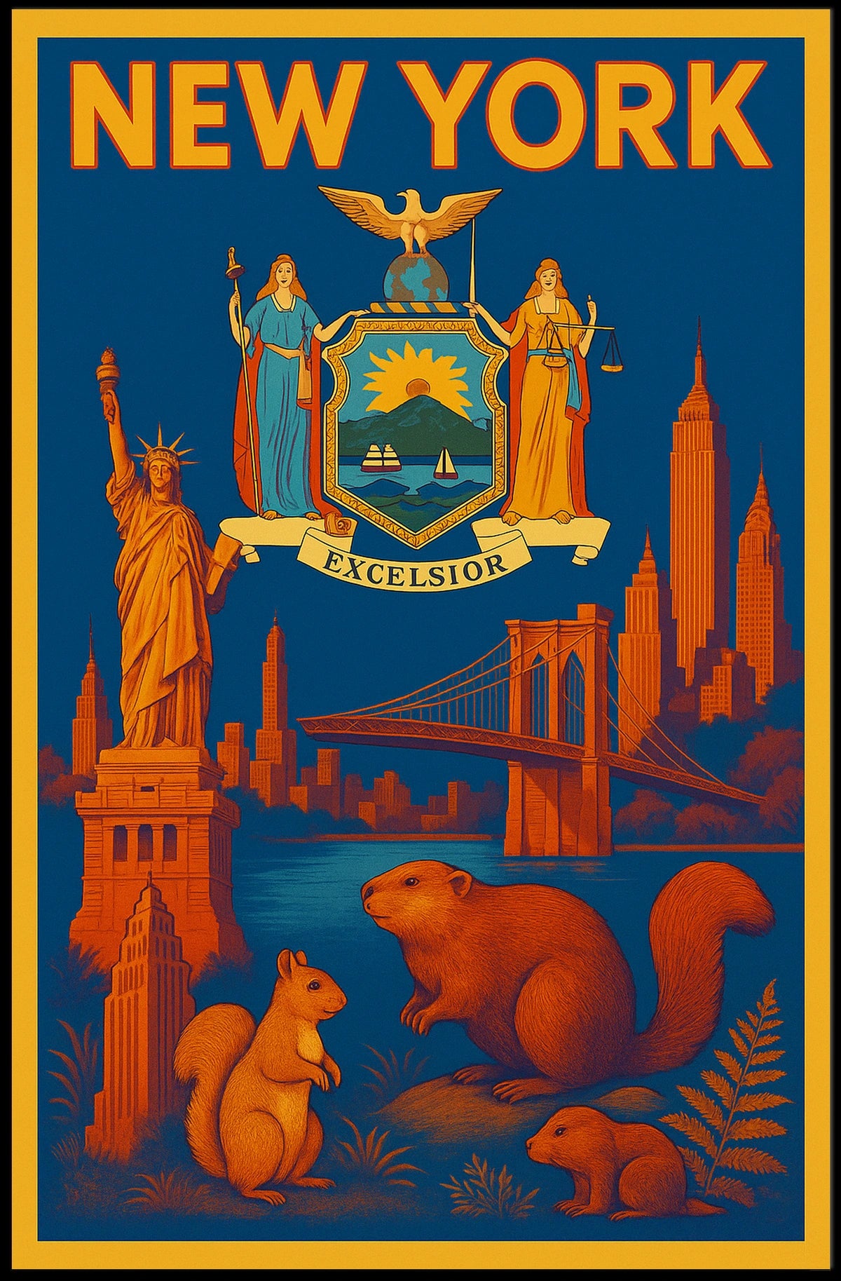 New York City Poster Vintage Landmarks Travel Wall Art