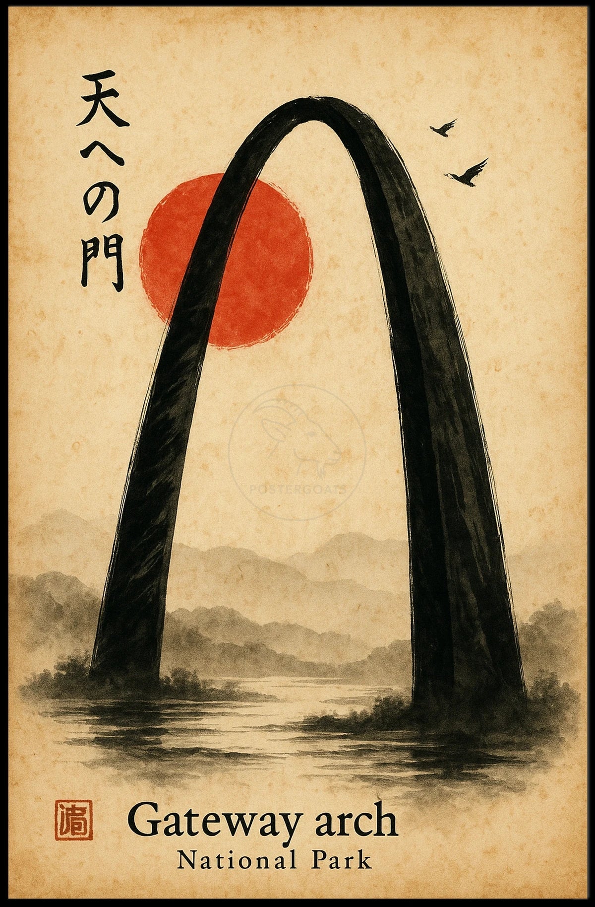 Gateway Arch Japanese-Inspired Sumi-e Artistic Poster