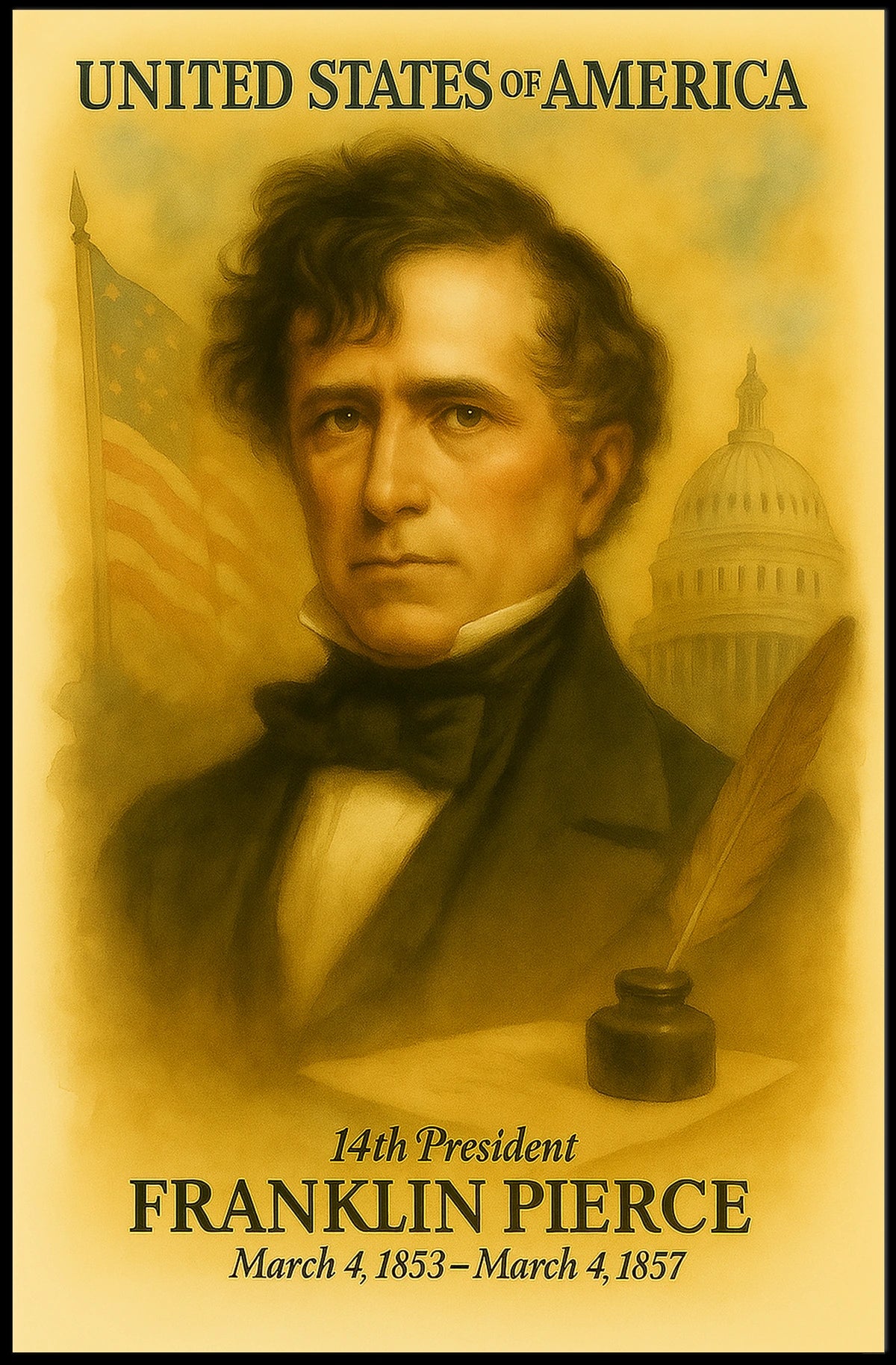 Franklin Pierce 14th President of the United States Vintage Watercolor Poster
