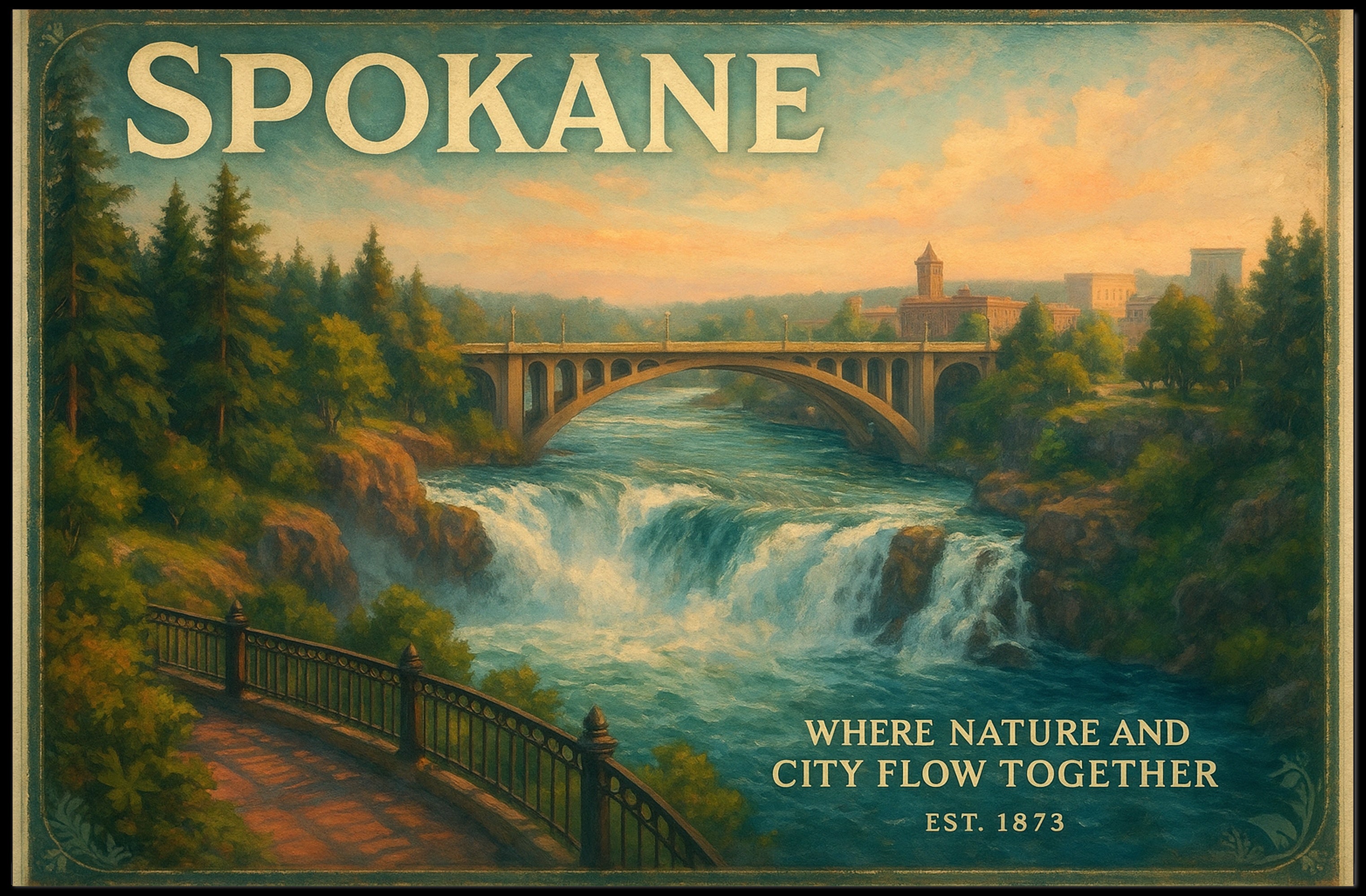 Spokane Nature and City Unite Travel Poster