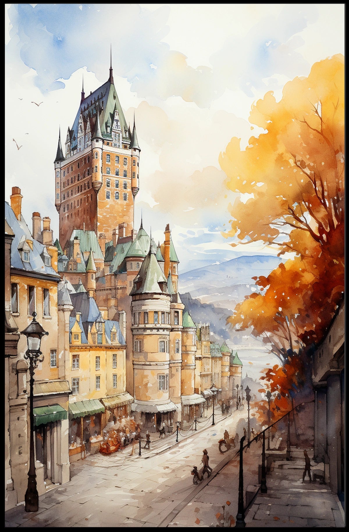 Historic Quebec City Castle European-Style Street Travel Poster