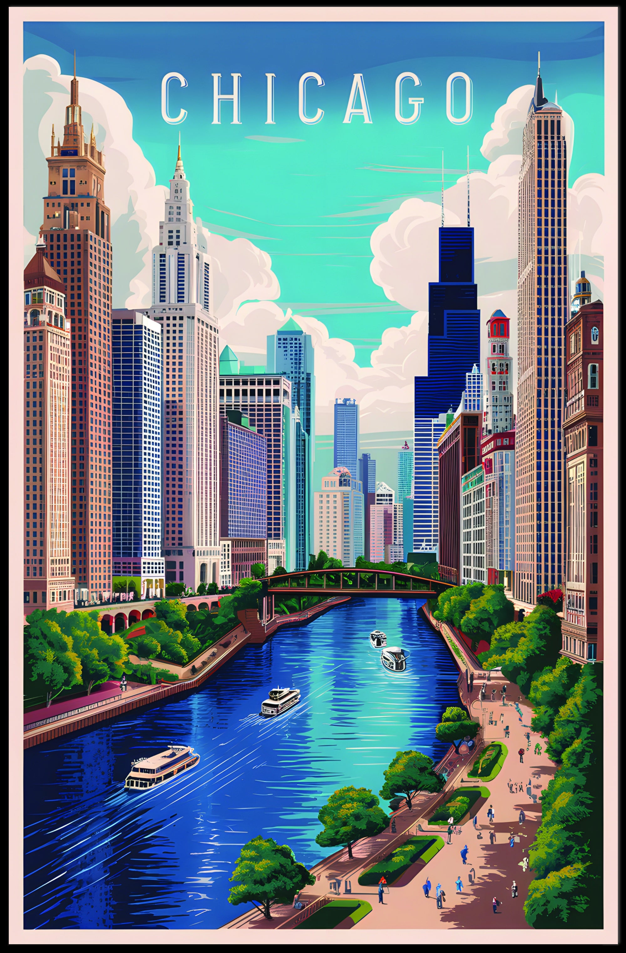 Chicago Skyline and River Poster