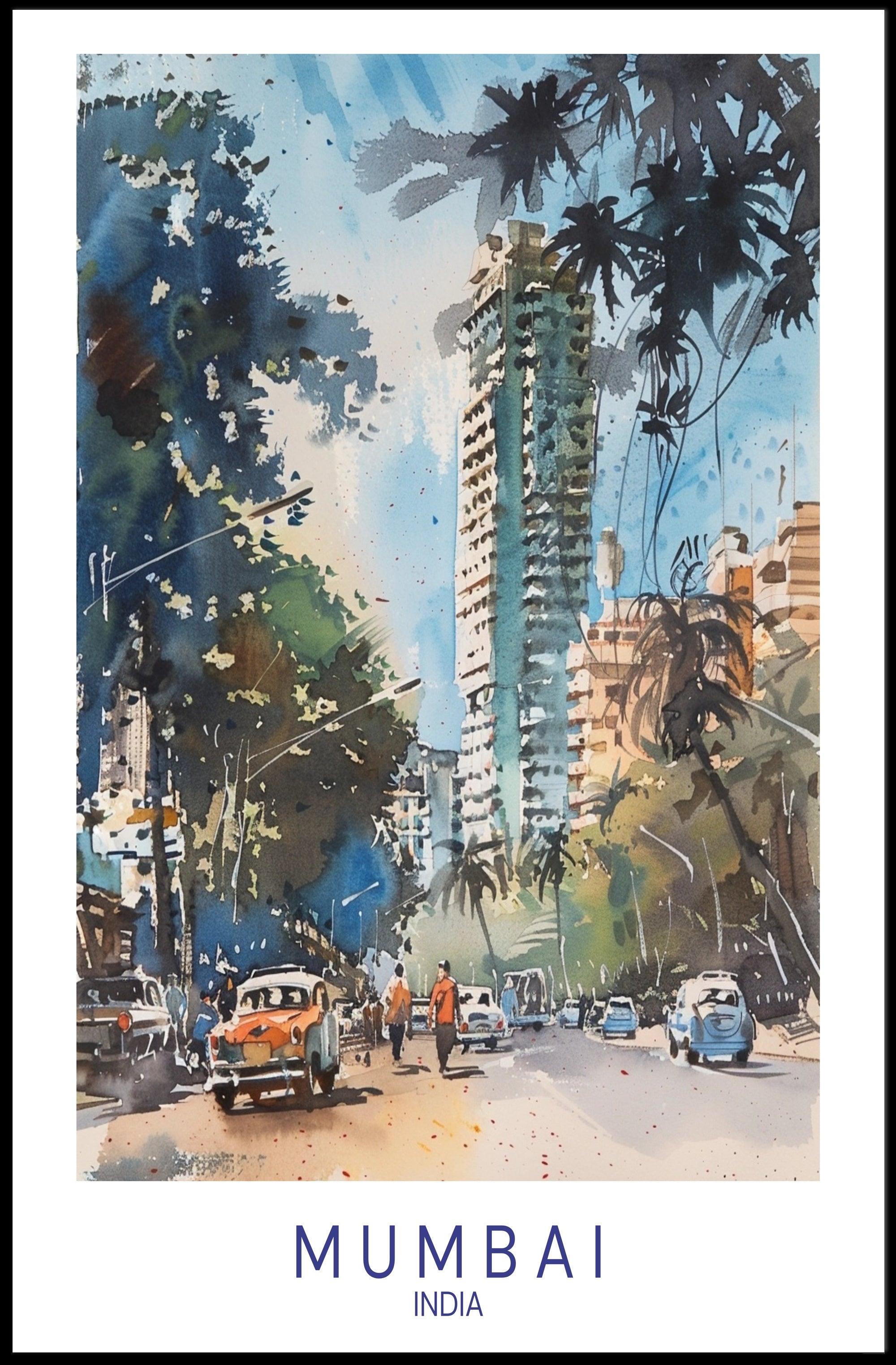 Mumbai's Vibrant Watercolor Cityscape with Energetic Urban or Cityscape Poster PosterGoat
