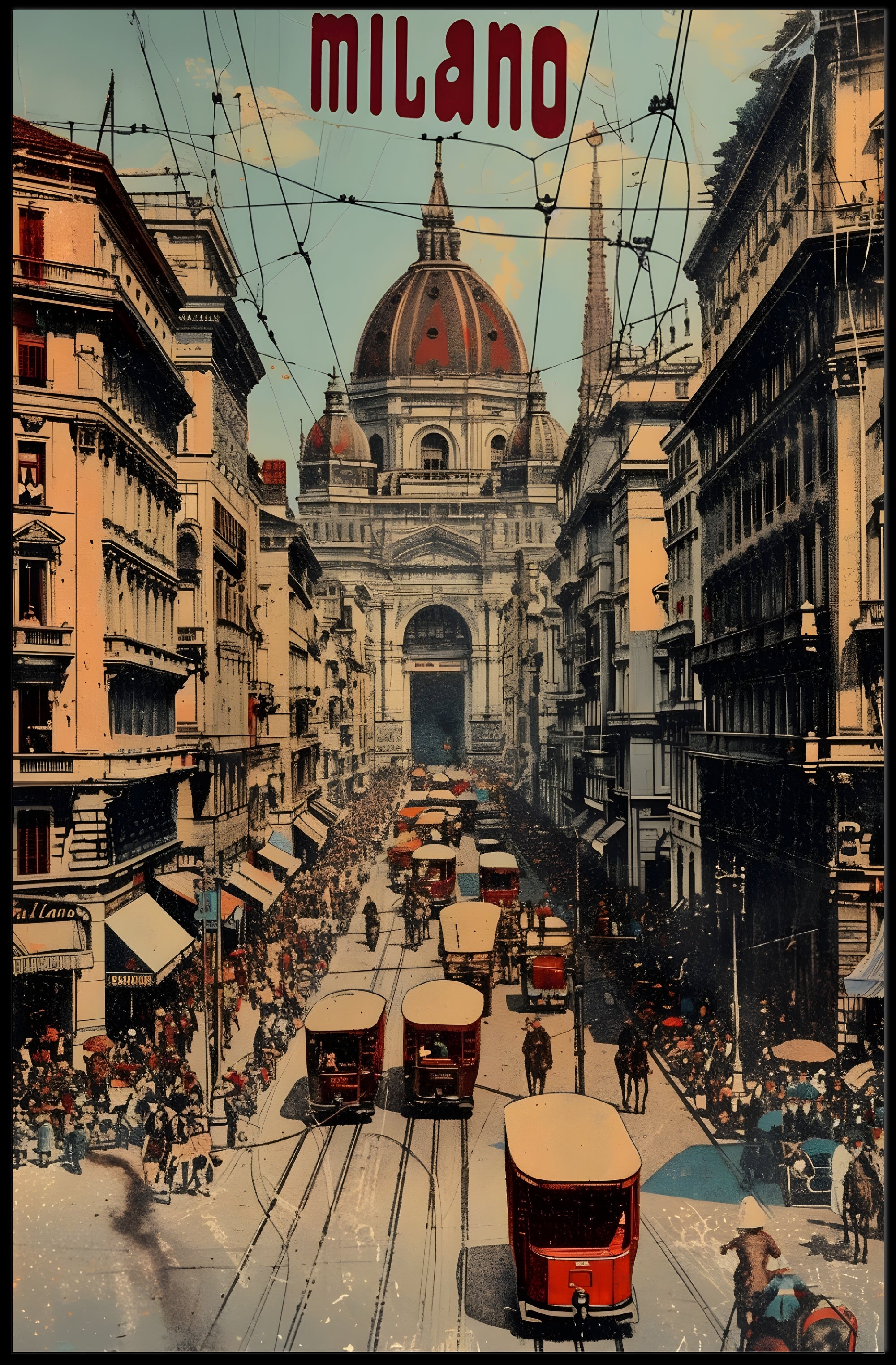 Bustling Milan Street Scene, Vintage Italian Cityscape Poster