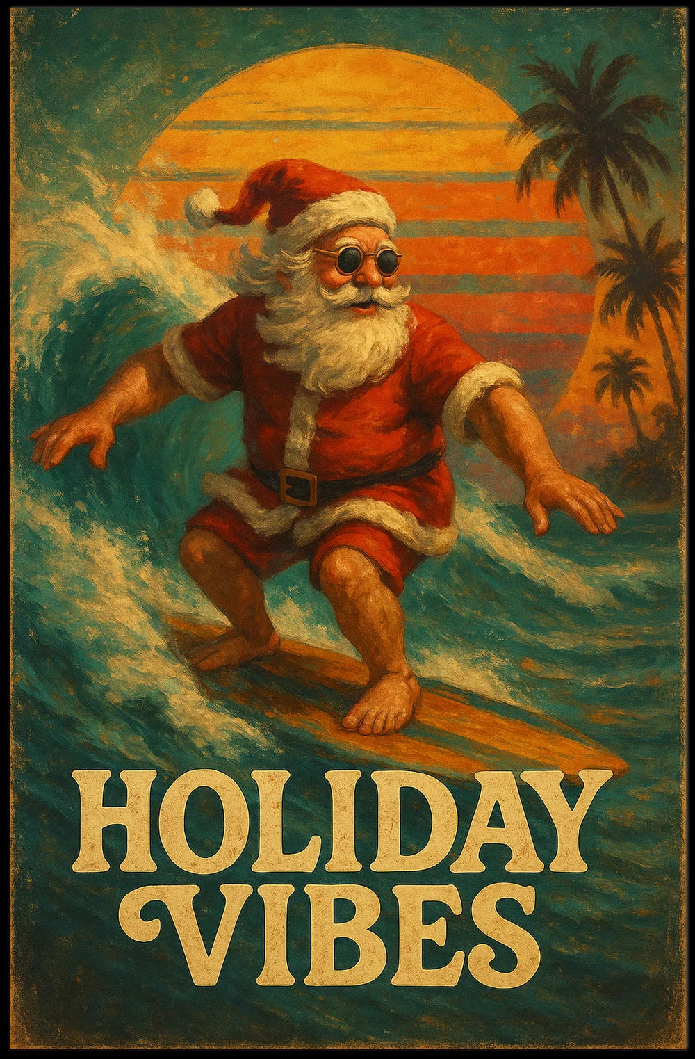 Surfing Santa Vintage Holiday Art Poster