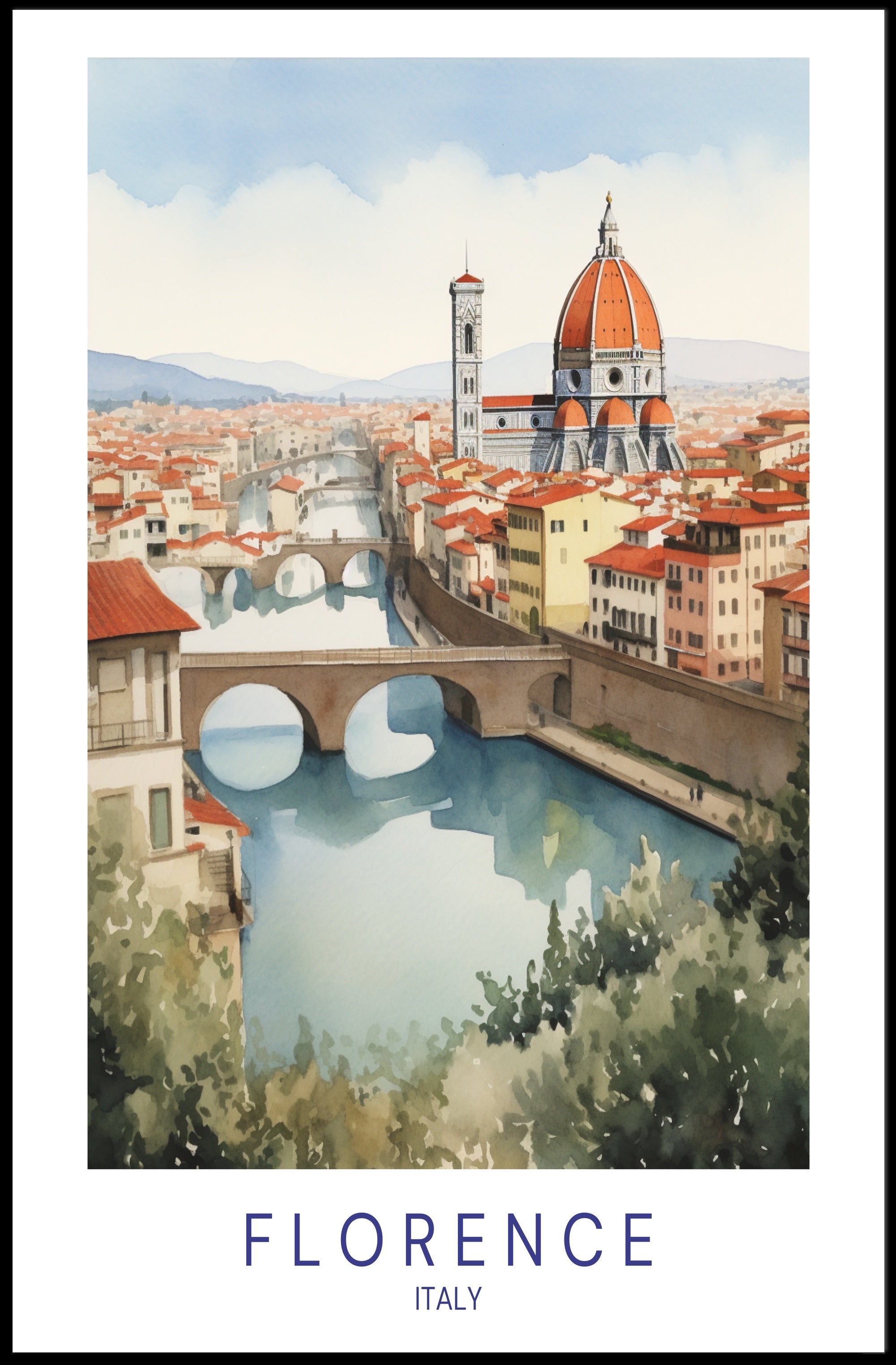 Florence Duomo and Arno River Watercolor Travel Poster PosterGoat