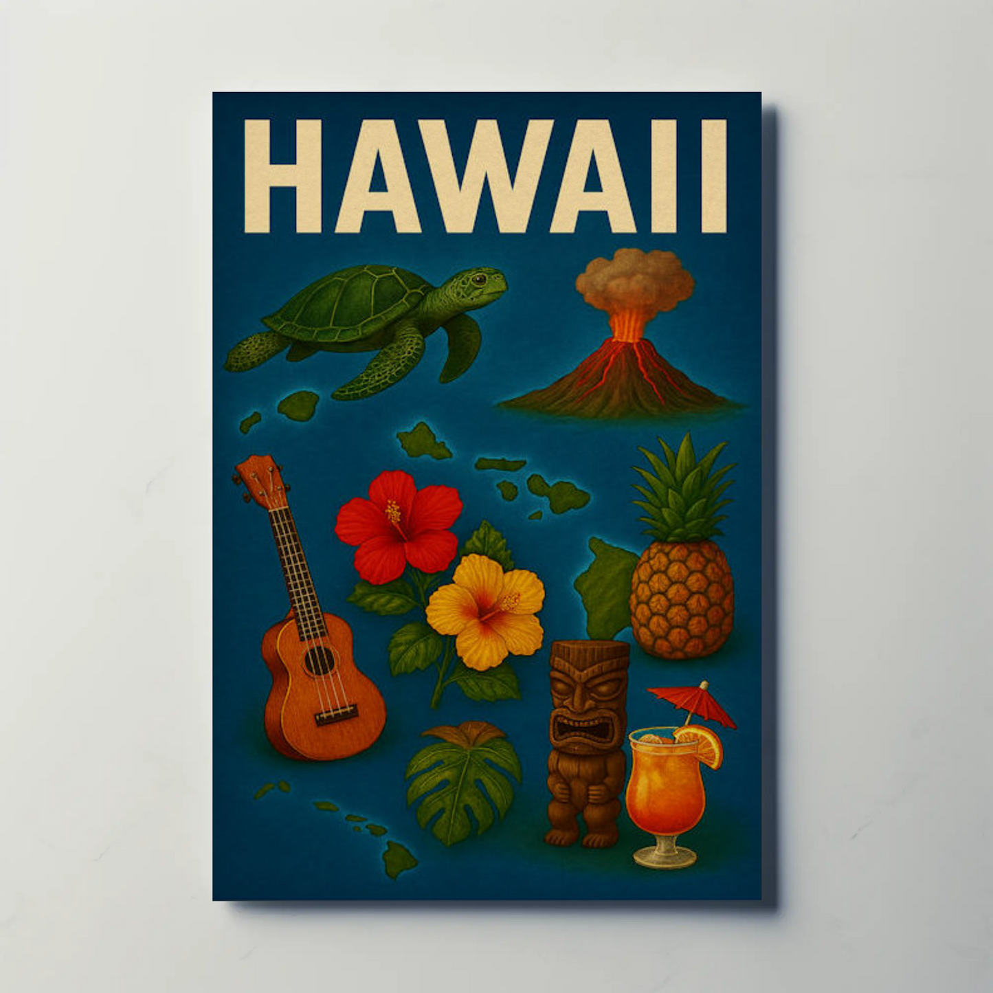 Hawaii Island Symbols Vintage Travel Poster