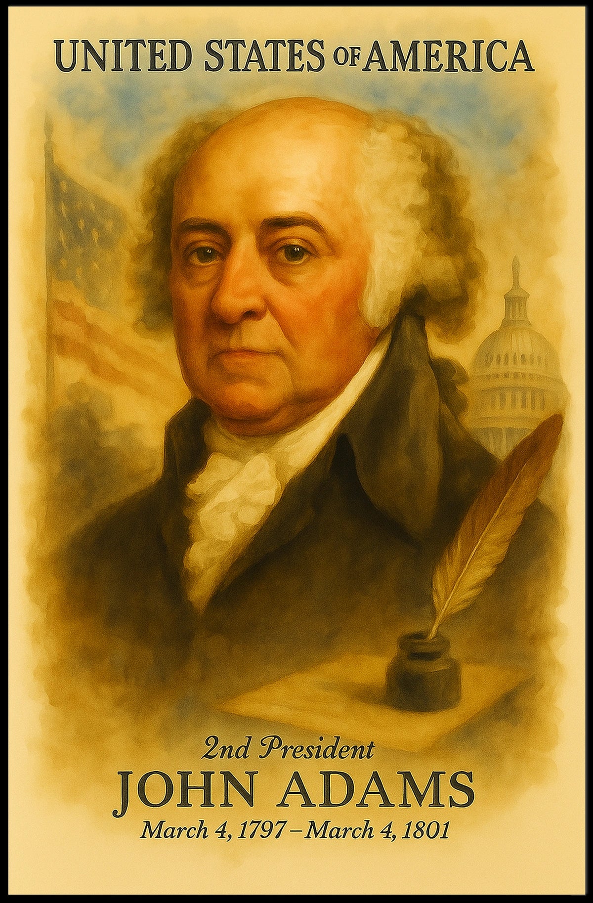John Adams 2nd President of the United States Vintage Watercolor Poster