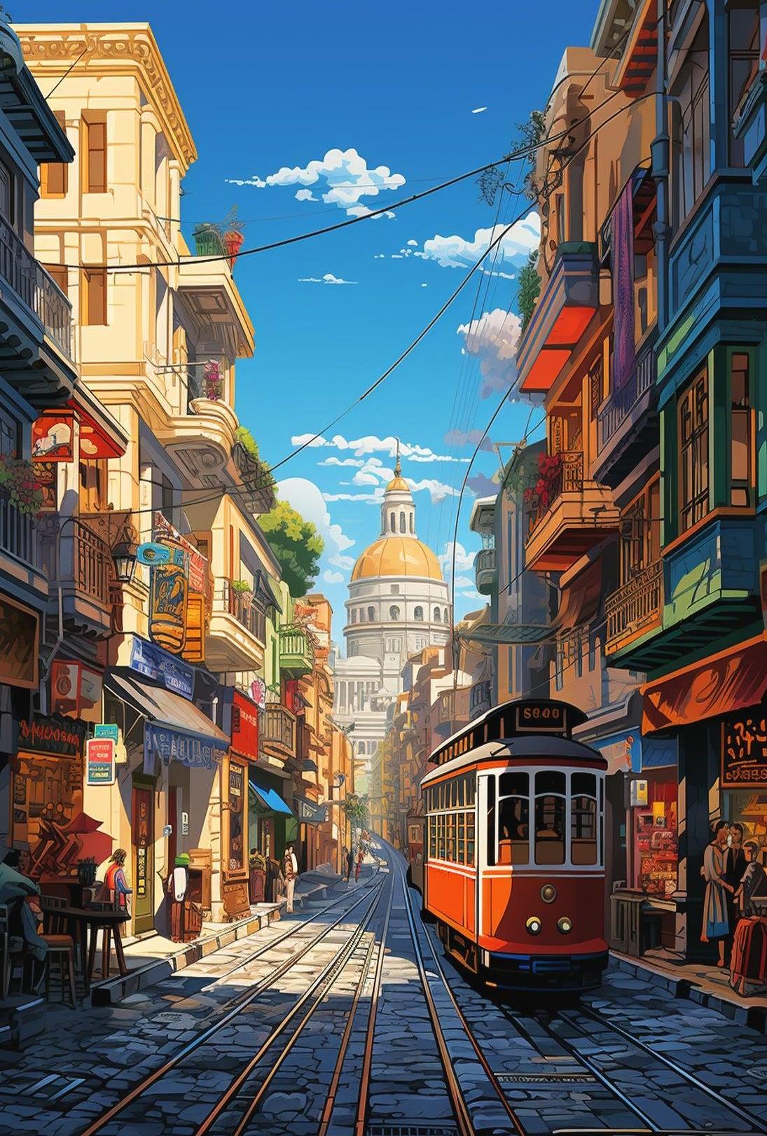Vibrant Cityscape with Historical Trolley Travel Poster