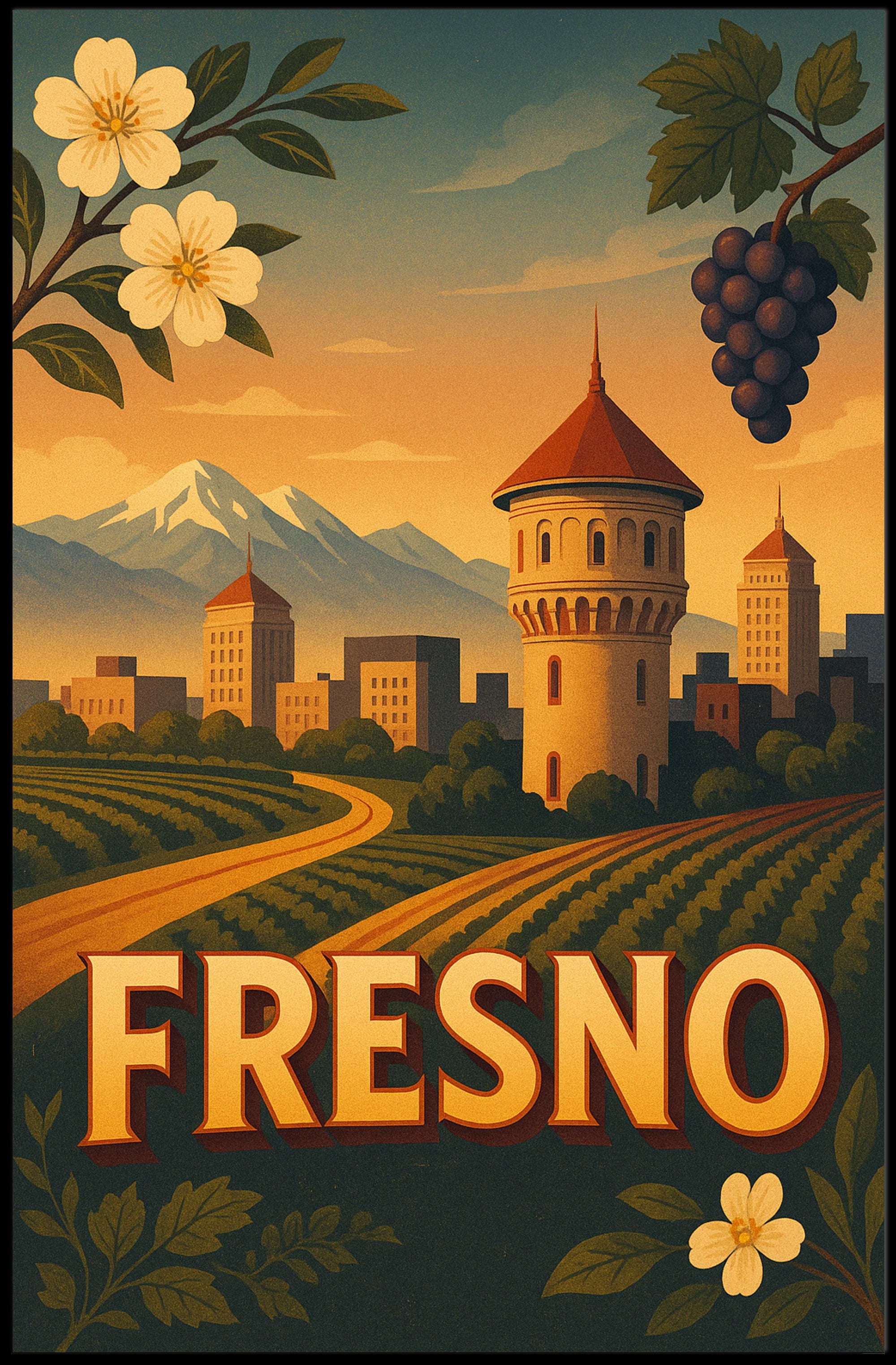 Fresno Vintage Travel Art Poster with Sunset Scenery