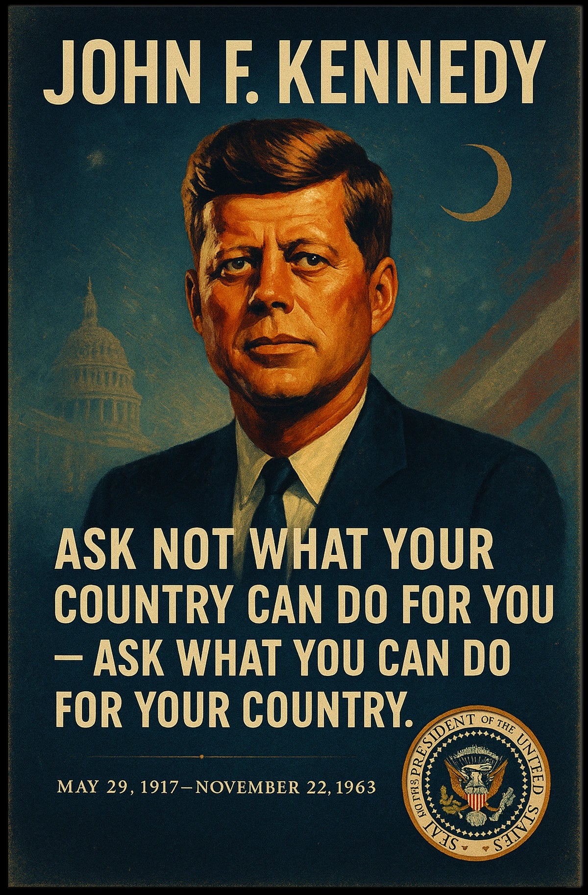 JFK Inspirational Patriotic Vintage Poster with Quote