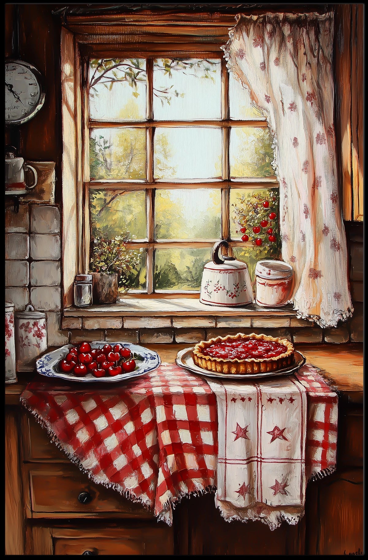 Cozy Grandma Kitchen With Cherry Pie Scene Vintage Poster