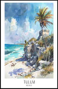 Tulum Coastal Ruin Watercolor Travel Poster PosterGoat