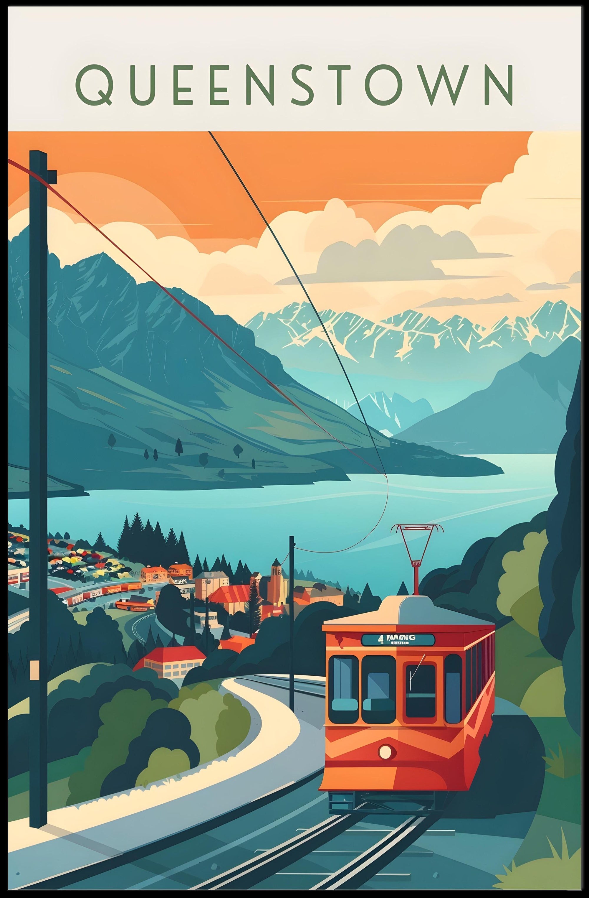 Queenstown Mountains and Tram Travel Poster