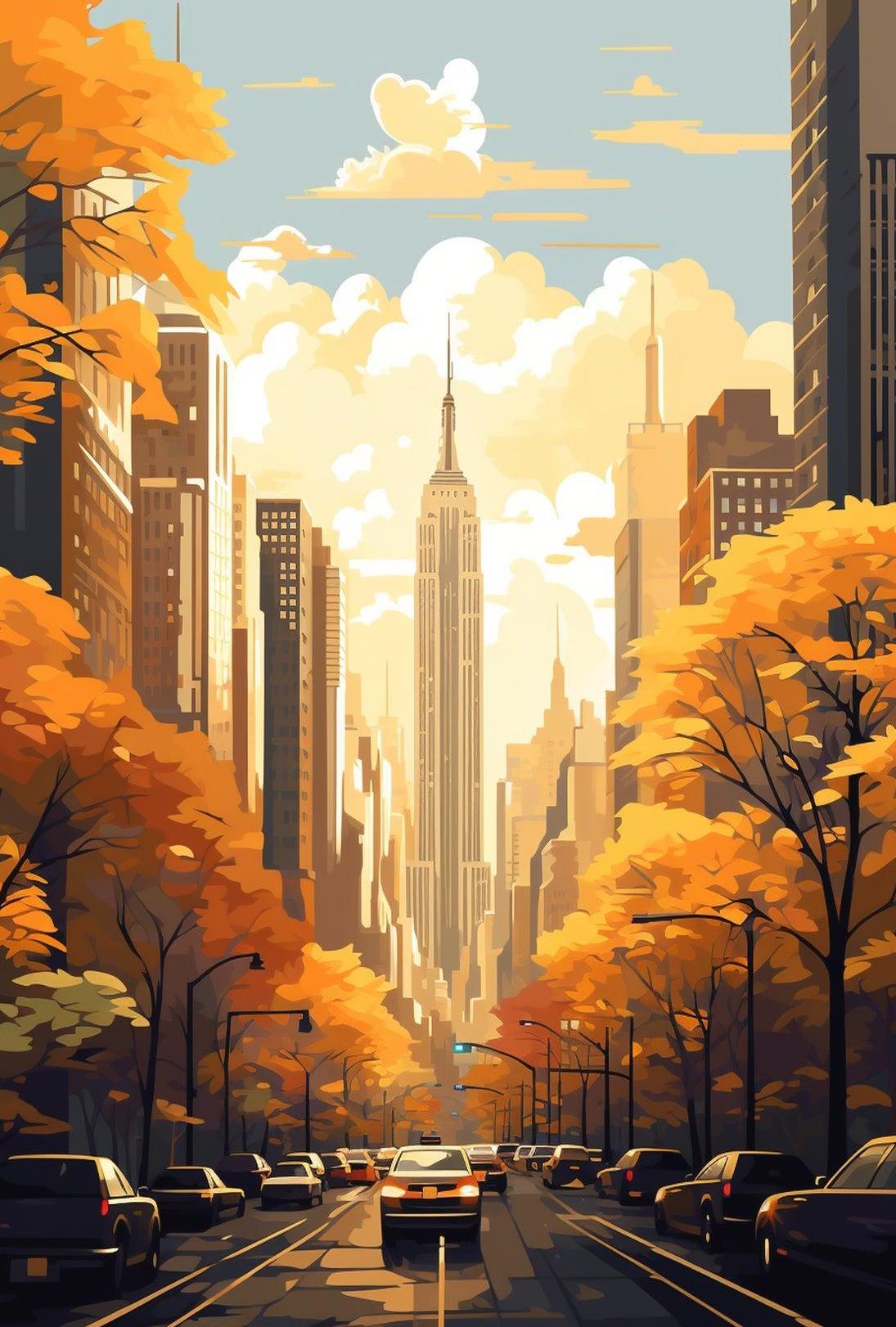 New York Cityscape in Autumn Illustration - Travel Poster