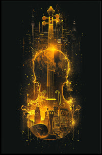Symphony City Urban Music Vibe Violin Silhouette Impressionism Art Deco Golden Tones Nightlife Cityscape Poster