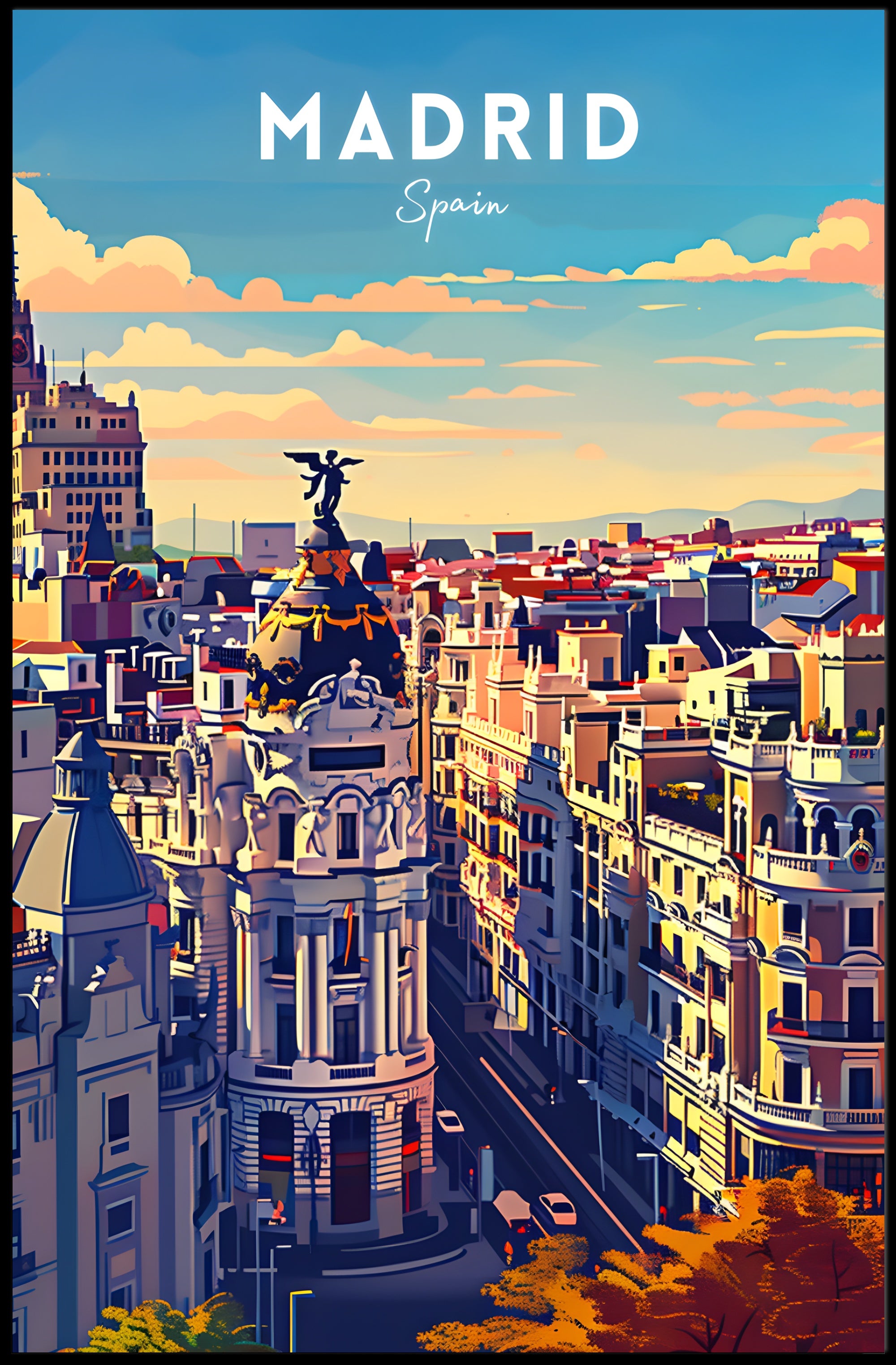 Madrid Skyline at Sunset Modern Travel Poster