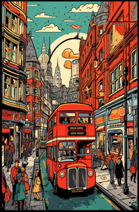 Vibrant Cityscape with Red Bus Poster