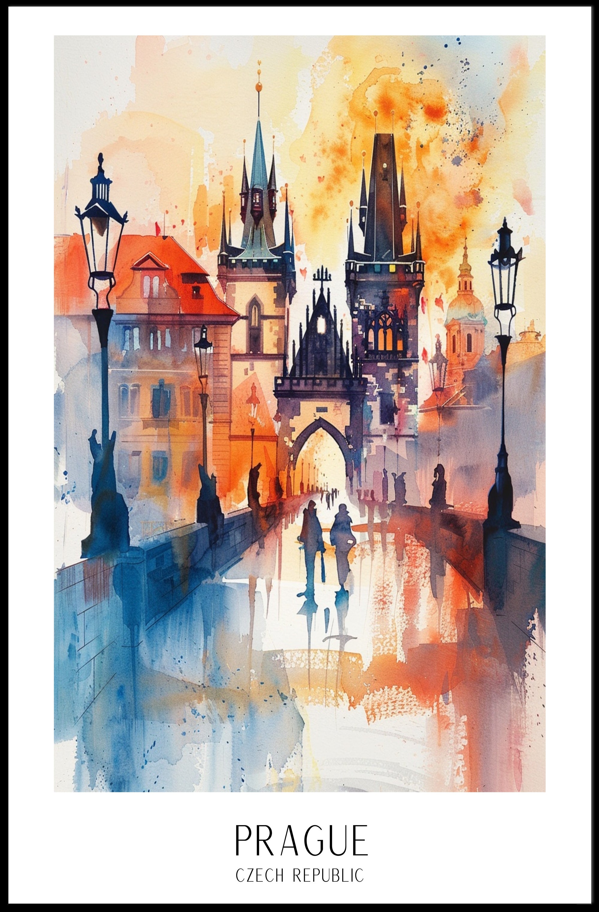 Prague Dreamscape Watercolor Urban or Cityscape Poster PosterGoat