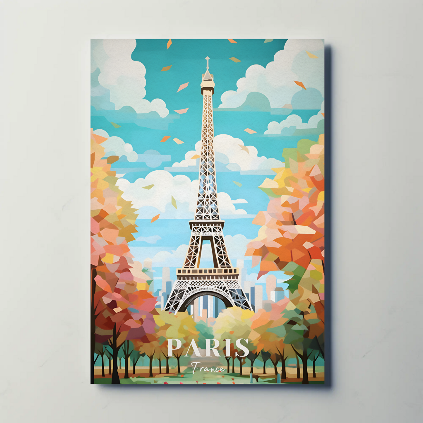 Paris France Eiffel Tower Autumn Leaves Vintage Travel Poster