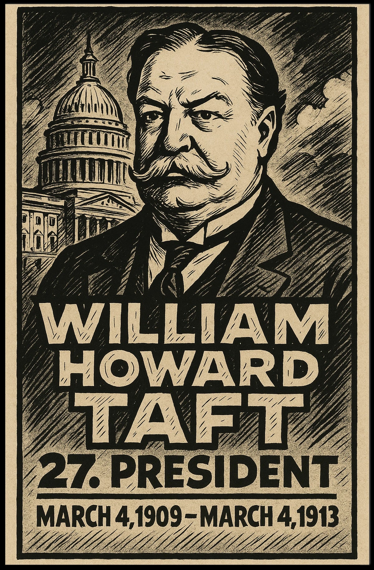 William Howard Taft 27th President of the United States B & W Comic Sketch Poster