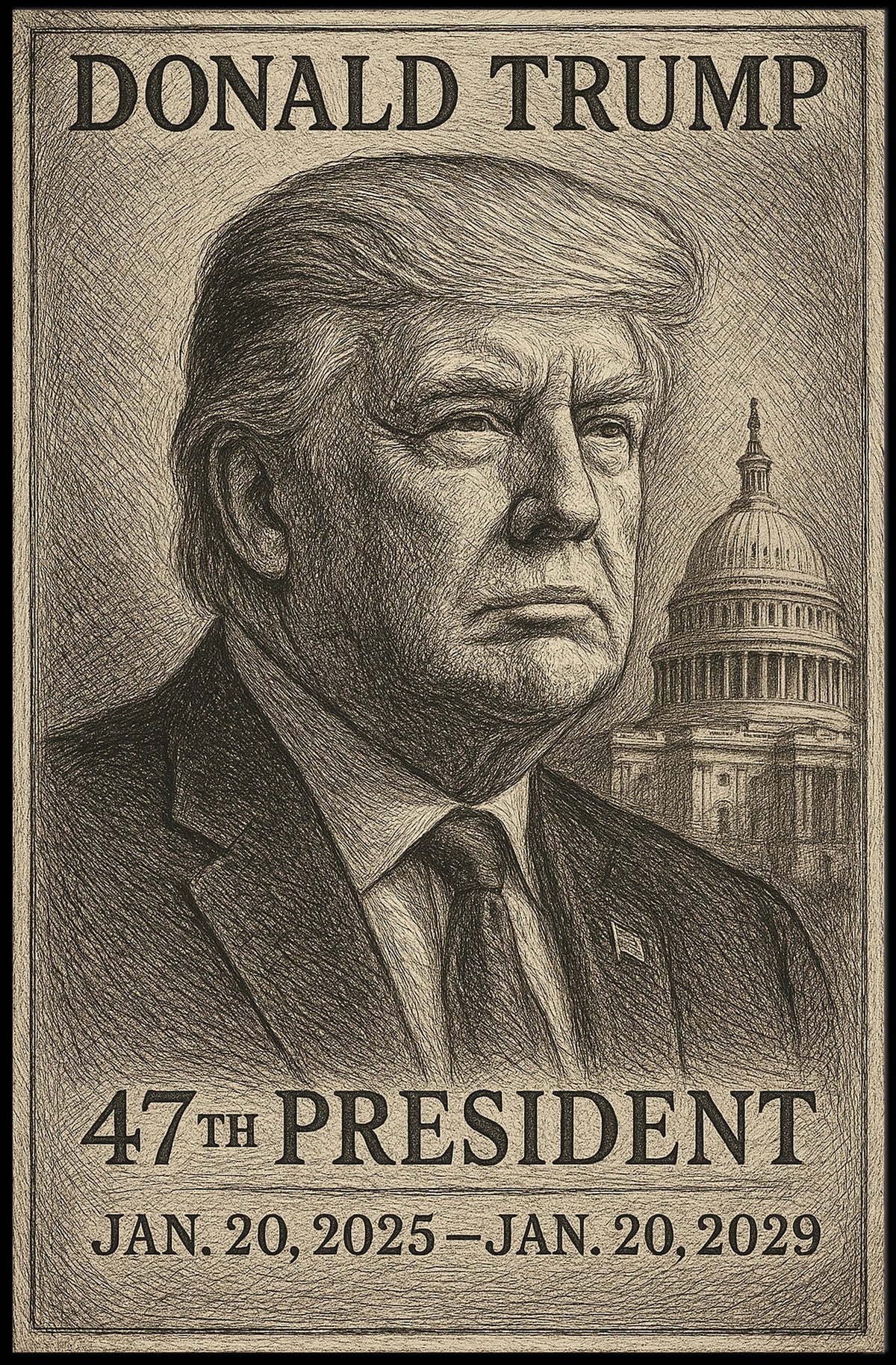 Donald Trump Reflective Leader Capitol Engraving Realism Patriotic Contemplative Poster