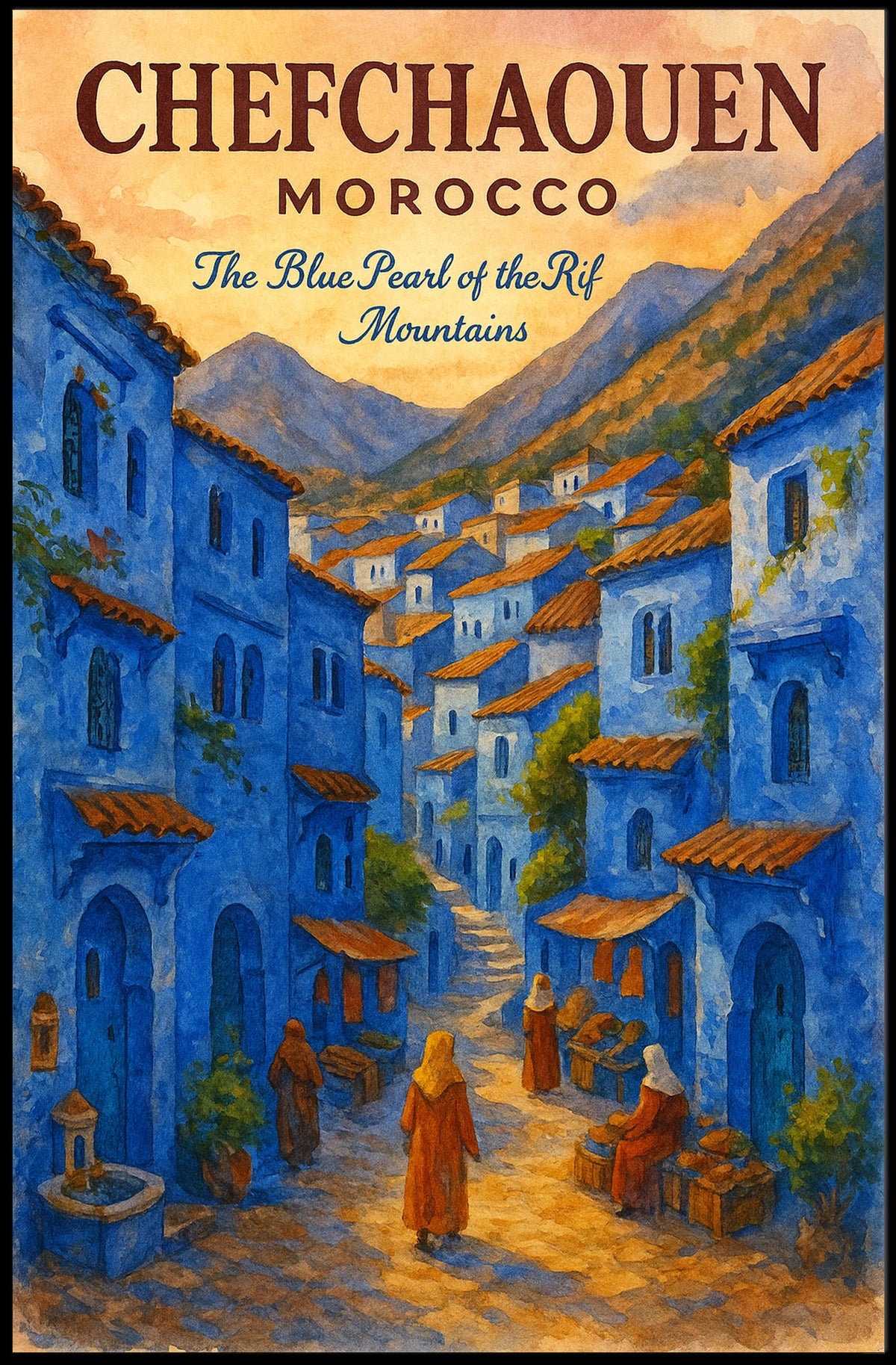Chefchaouen Watercolor Poster: Blue Pearl Serenity