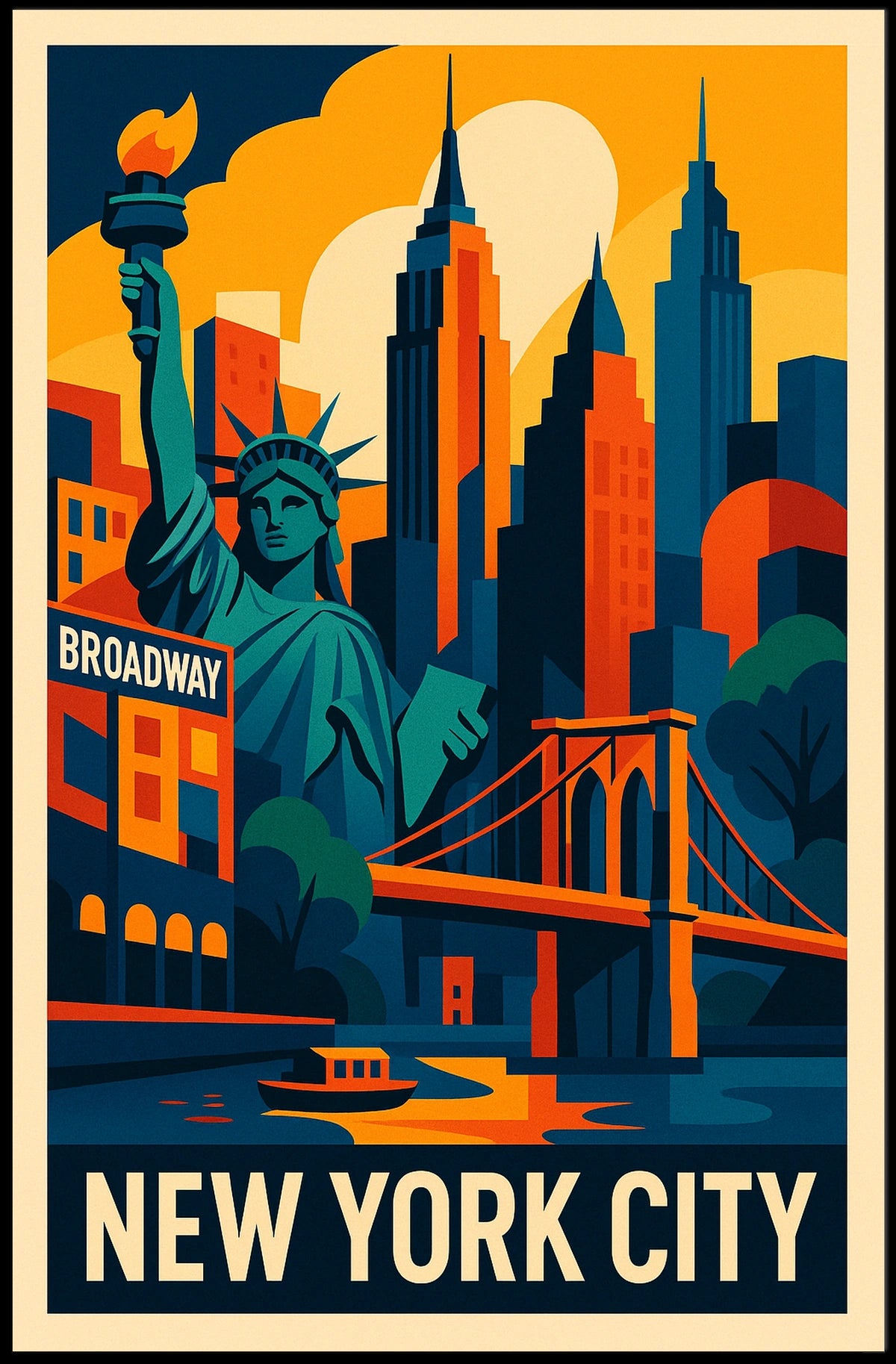 New York City Landmarks Vibrant Poster Modern Wall Art