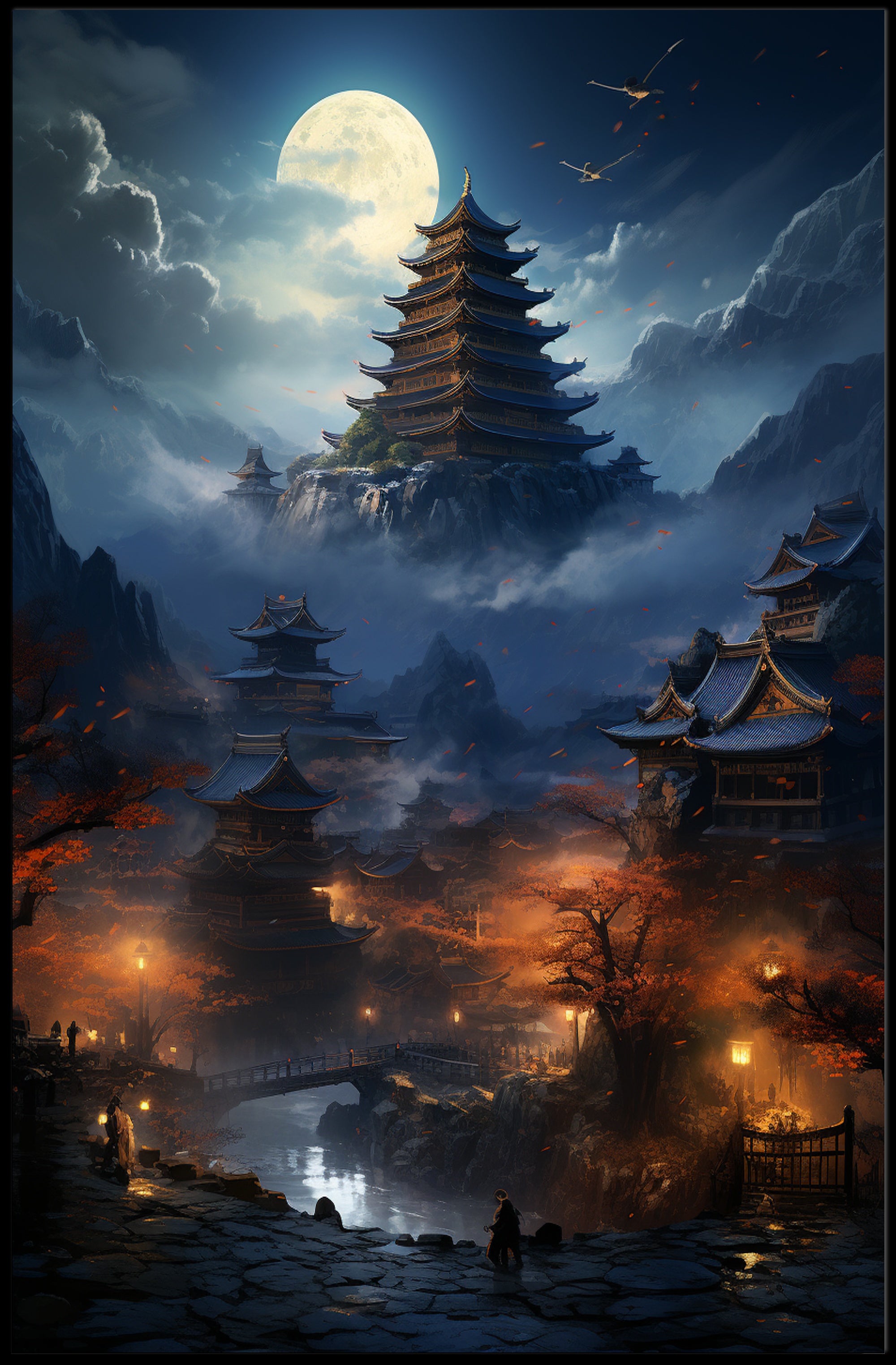 Moonlit Pagoda Serenity Poster