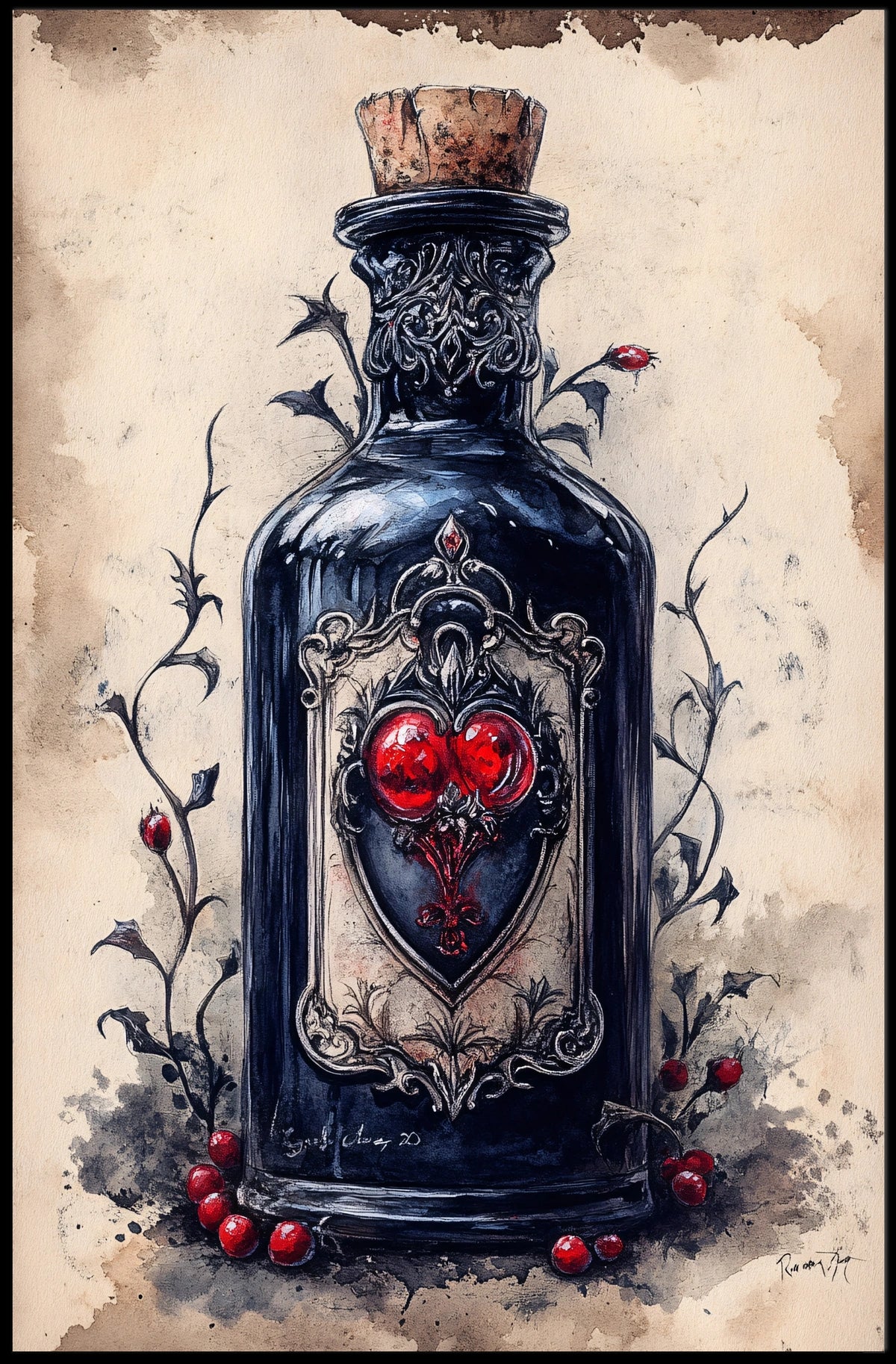 Vintage Glass Bottle Illustration Print - Abstract, Artistic, or Pop Culture Poster