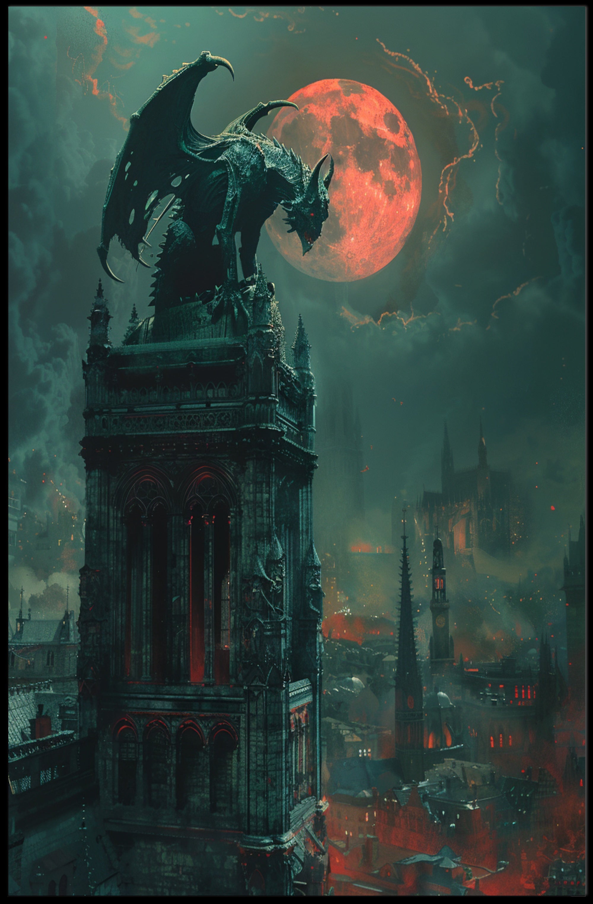 Gothic Fantasy Poster with Ominous Gargoyle and Red Moon PosterGoat