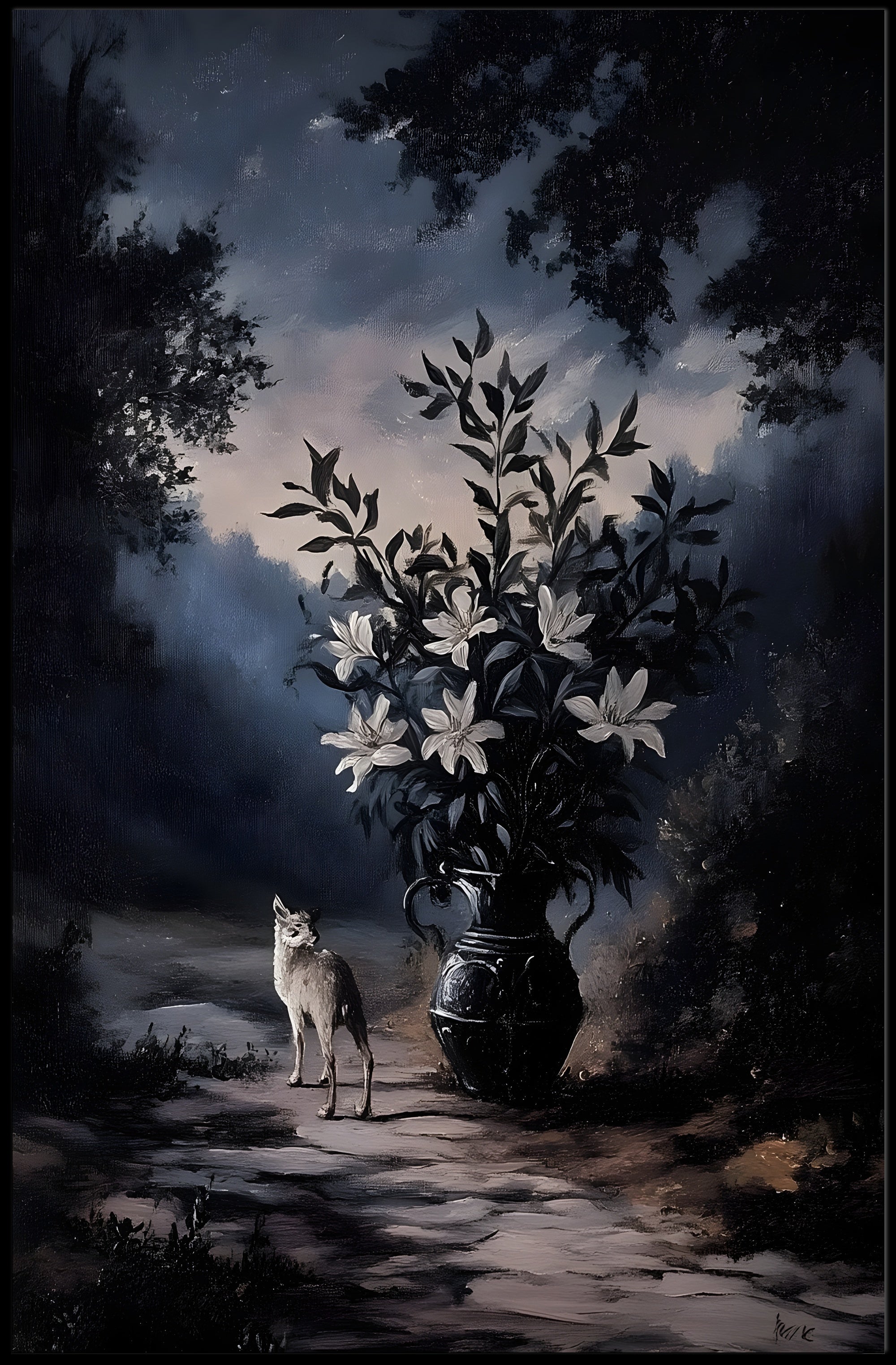 Mystical Moonlit Forest Scene With Fox - Artistic Poster PosterGoat