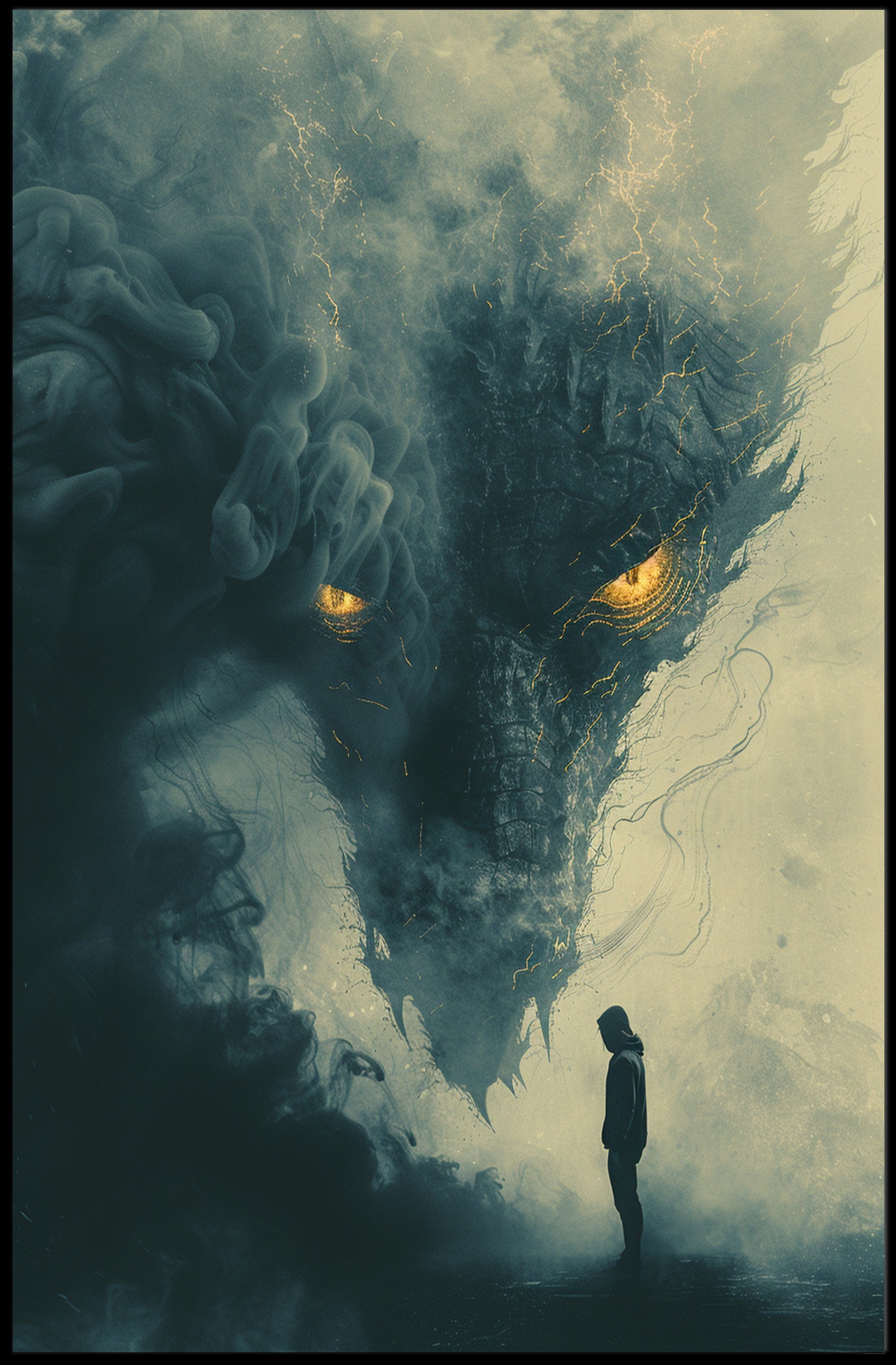 Epic Showdown: Hooded Hero vs. Ethereal Dragon PosterGoat